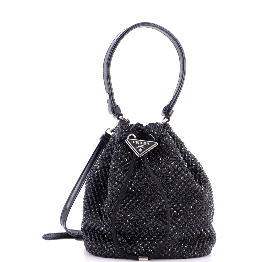 Drawstring Bucket Bag Crystal Embellished Satin Small