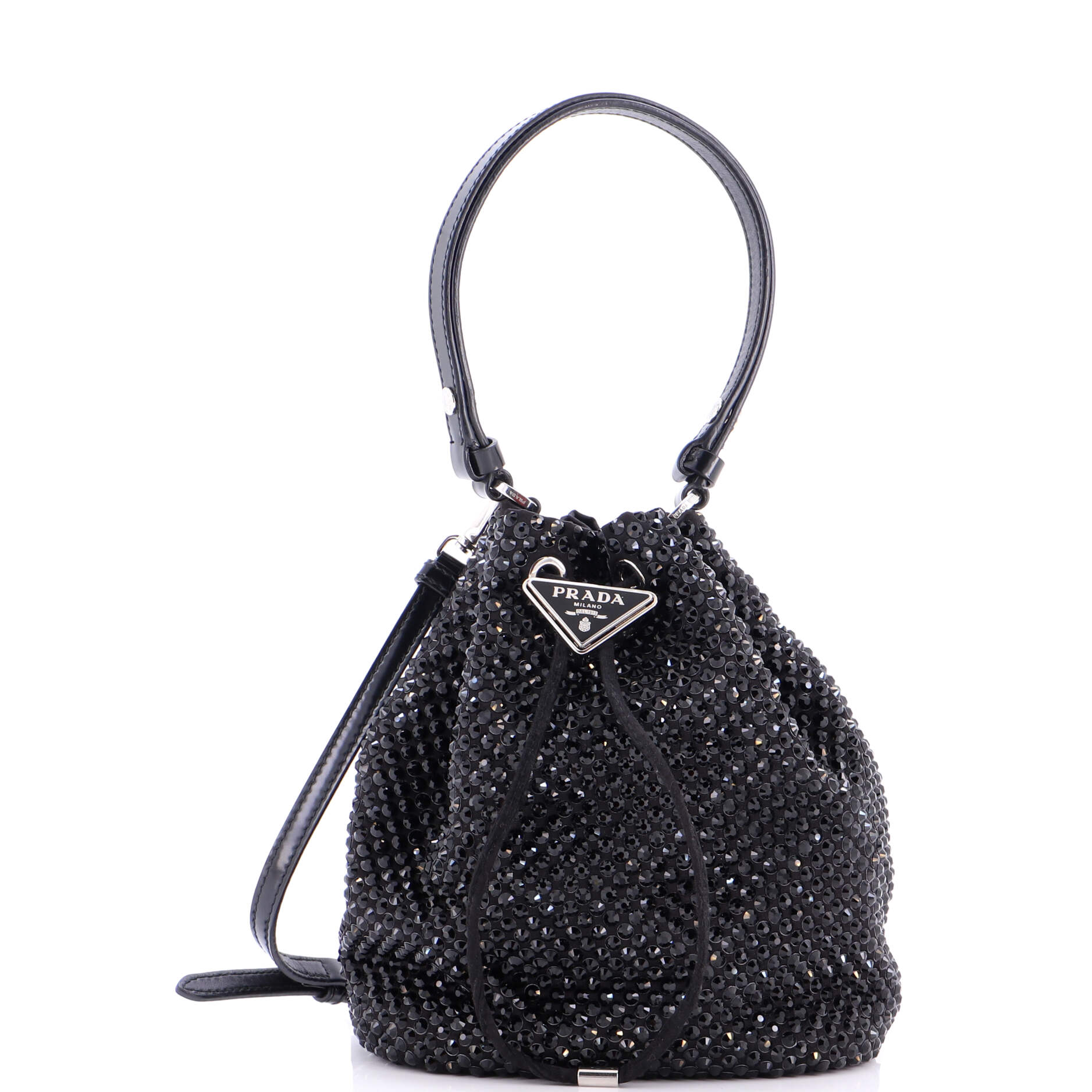 Drawstring Bucket Bag Crystal Embellished Satin Small