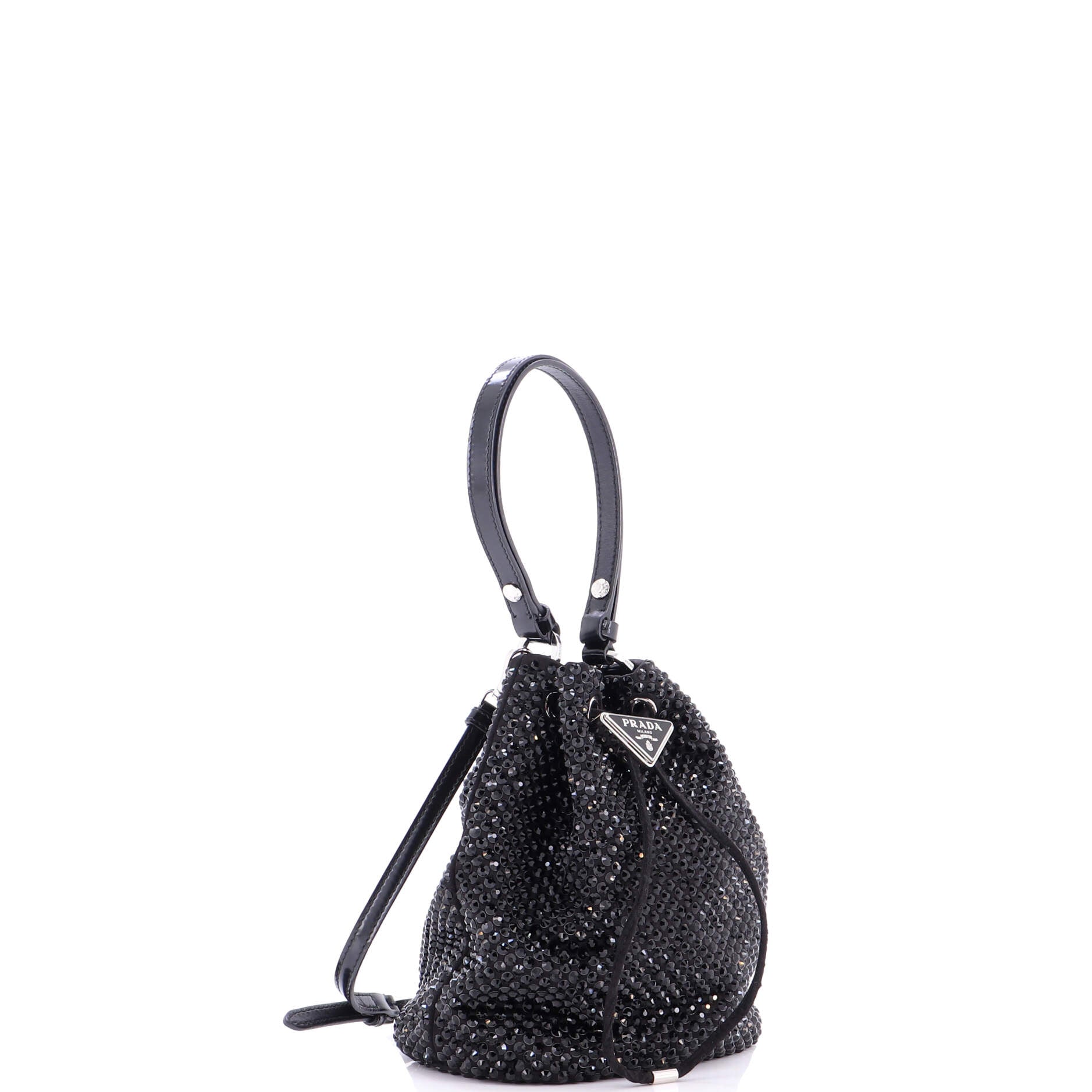 Drawstring Bucket Bag Crystal Embellished Satin Small