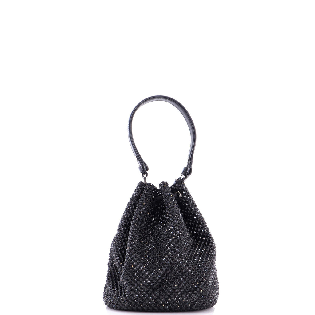 Drawstring Bucket Bag Crystal Embellished Satin Small