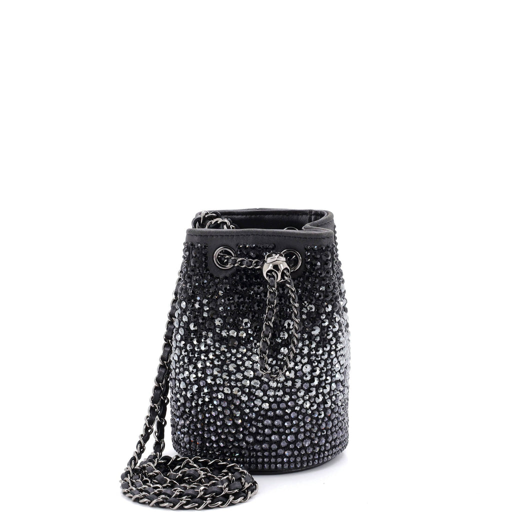 Pearl Crush Drawstring Bucket Bag Strass Embellished Leather Mini