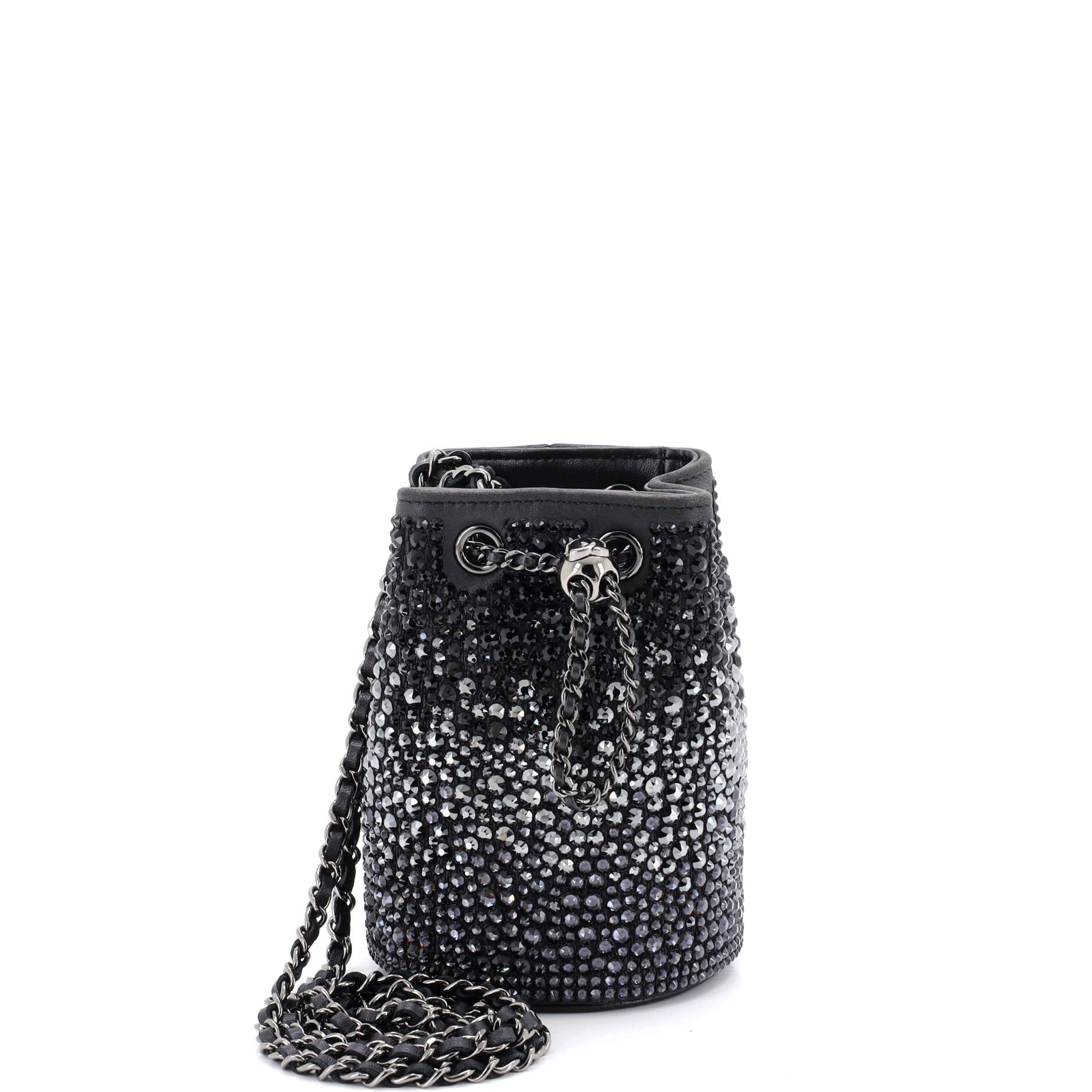 Pearl Crush Drawstring Bucket Bag Strass Embellished Leather Mini