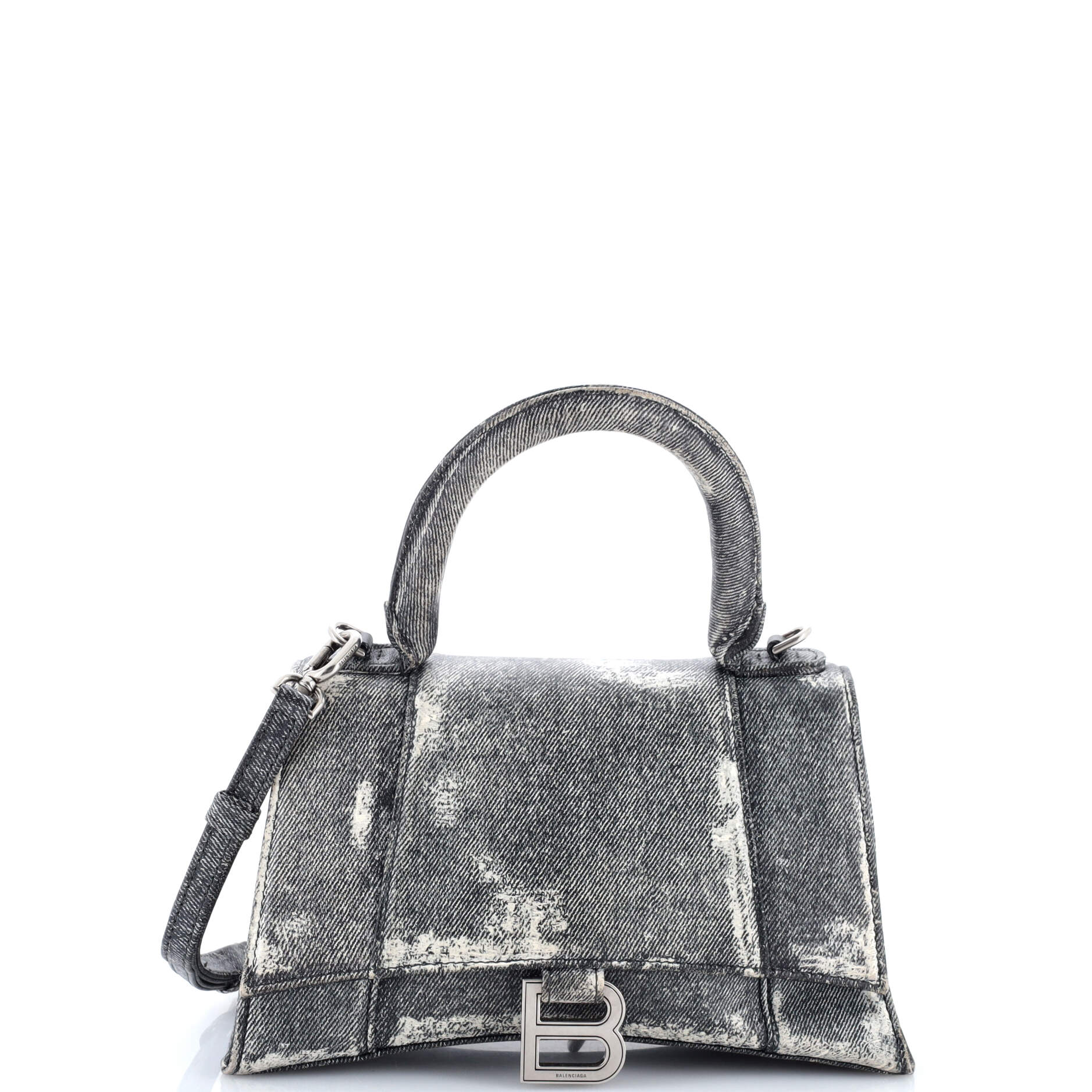Hourglass Top Handle Bag Denim Printed Leather Small