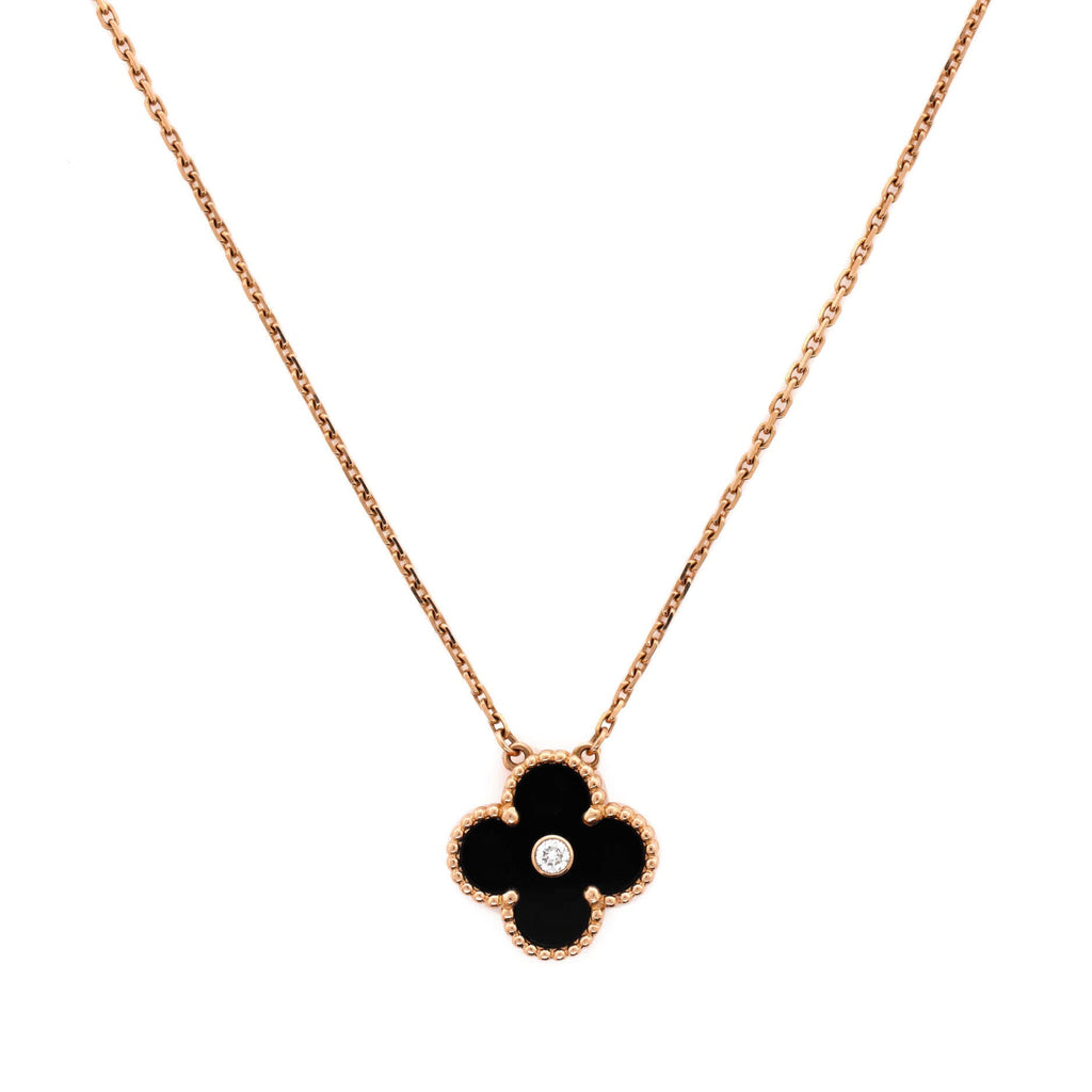 Vintage Alhambra Pendant Necklace 18K Rose Gold and Onyx with Diamond