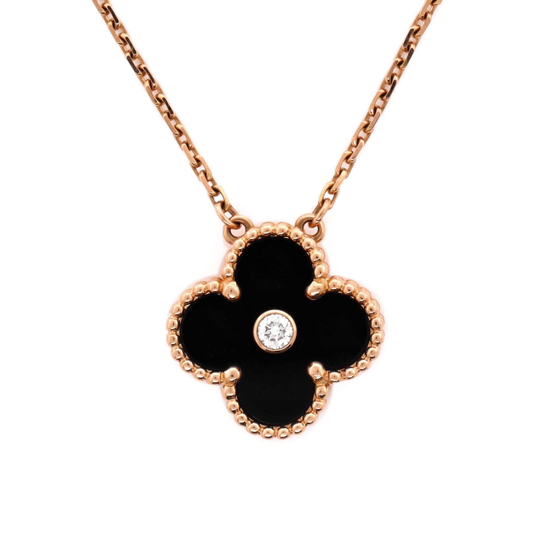 Vintage Alhambra Pendant Necklace 18K Rose Gold and Onyx with Diamond