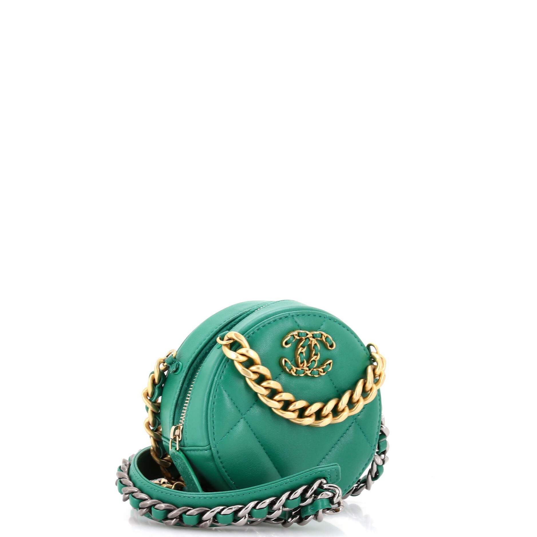 19 Round Clutch with Chain Quilted Leather
