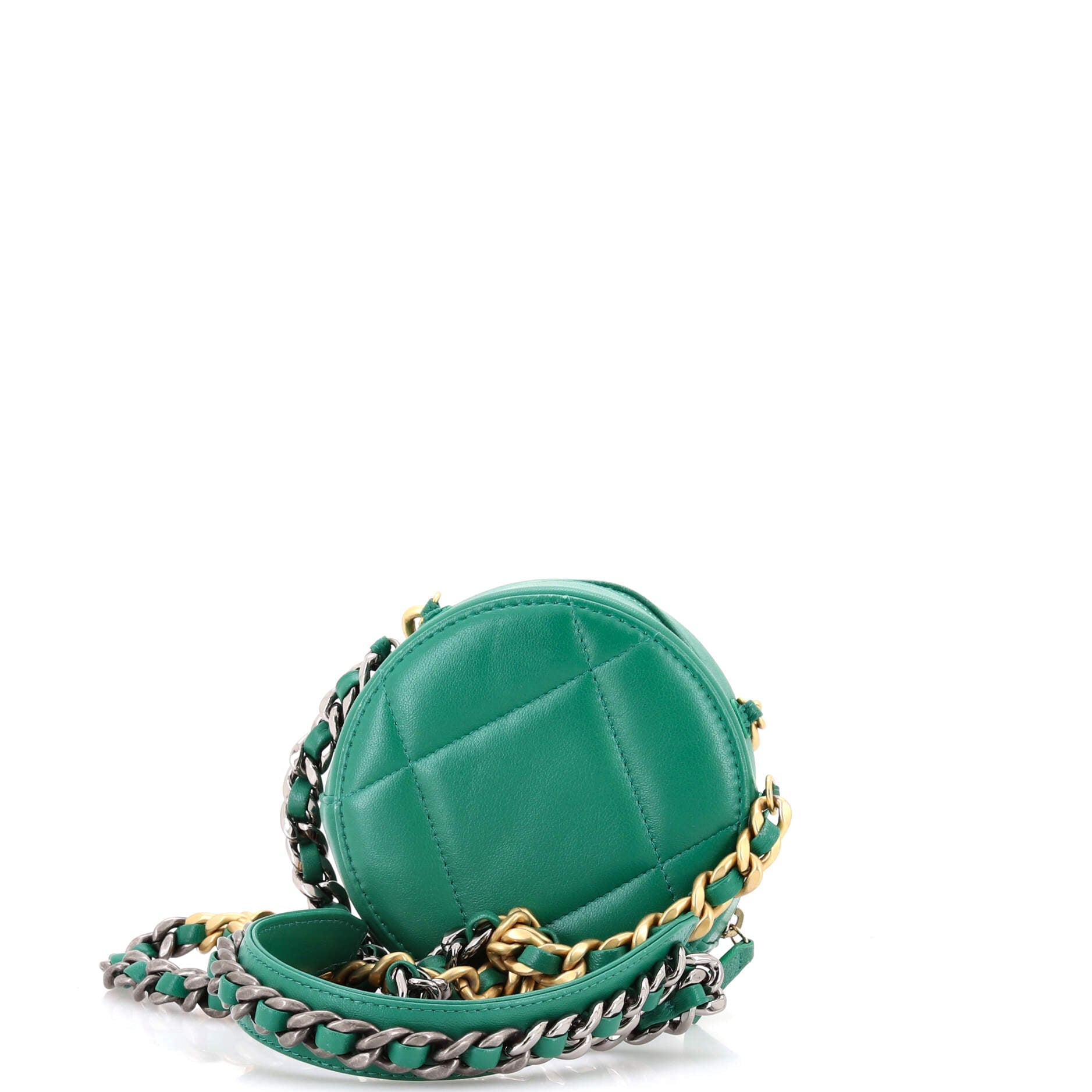 19 Round Clutch with Chain Quilted Leather