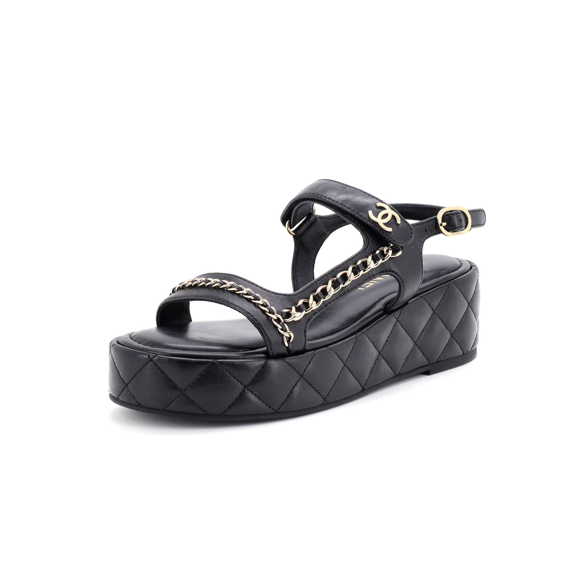 Women's Velcro Platform Sandals Quilted Leather with Chain Detail