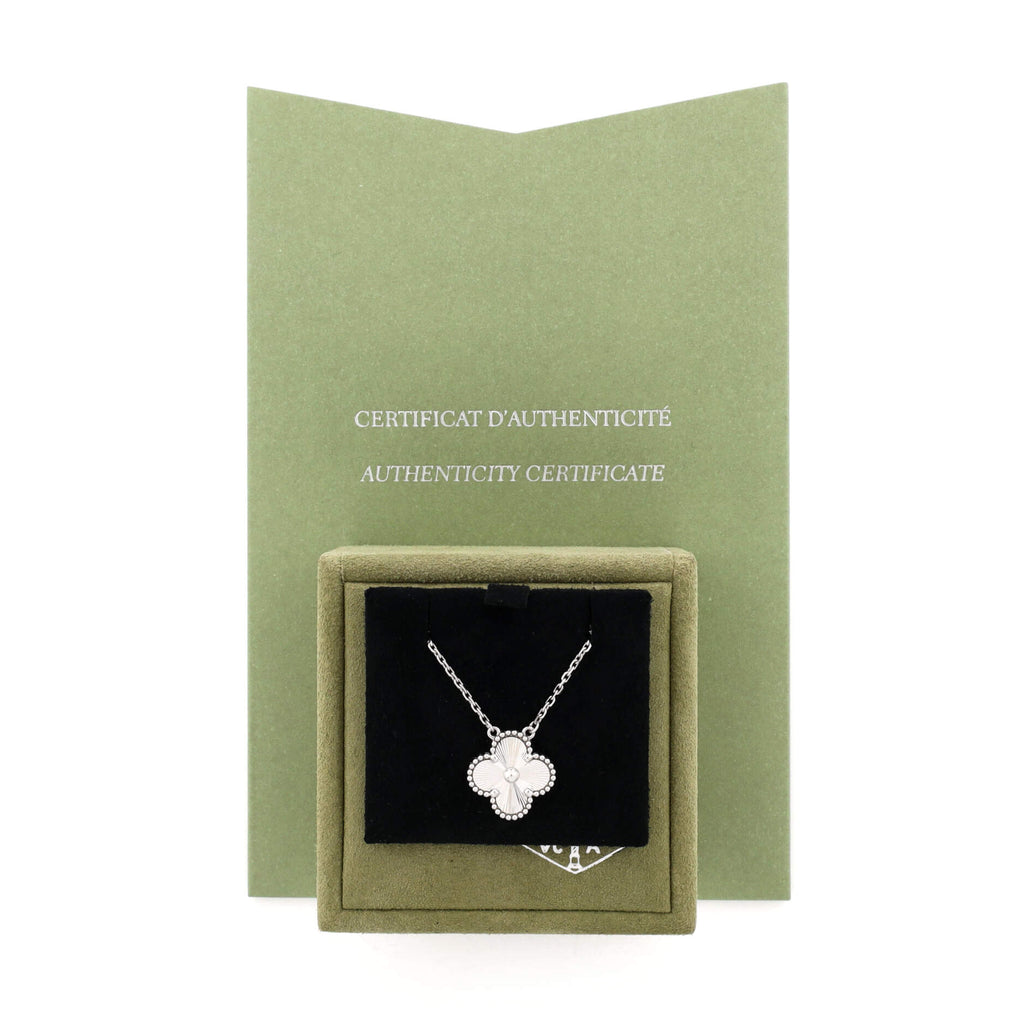 Vintage Alhambra Pendant Necklace Guilloche 18K White Gold