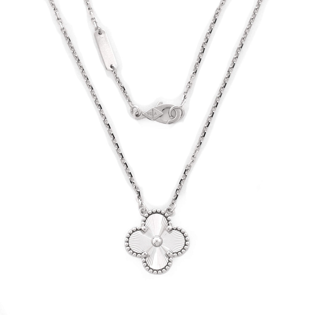 Vintage Alhambra Pendant Necklace Guilloche 18K White Gold