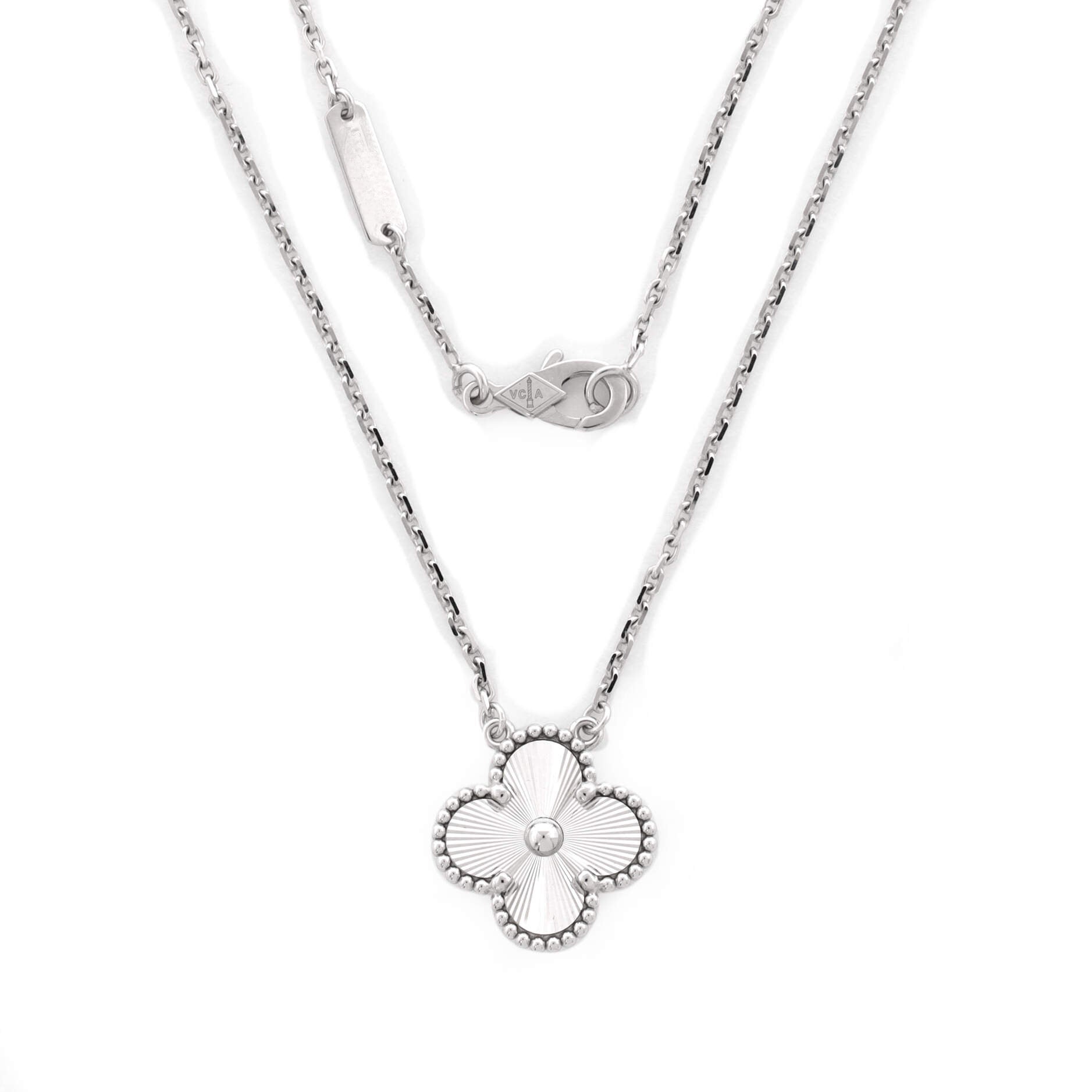 Vintage Alhambra Pendant Necklace Guilloche 18K White Gold