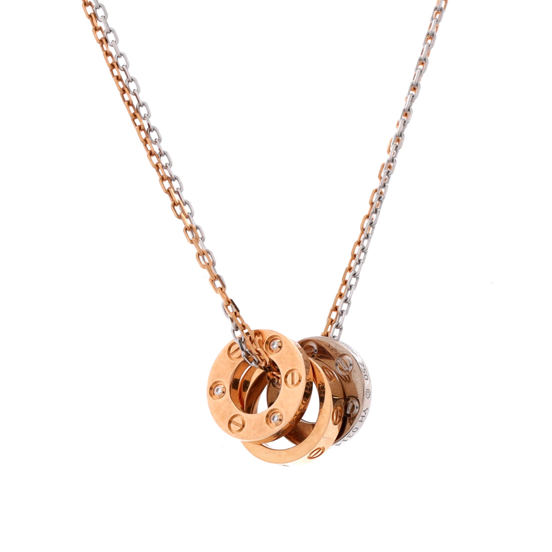 Love 3 Ring Pendant Necklace 18K Rose Gold and 18K White Gold with 6 Diamonds