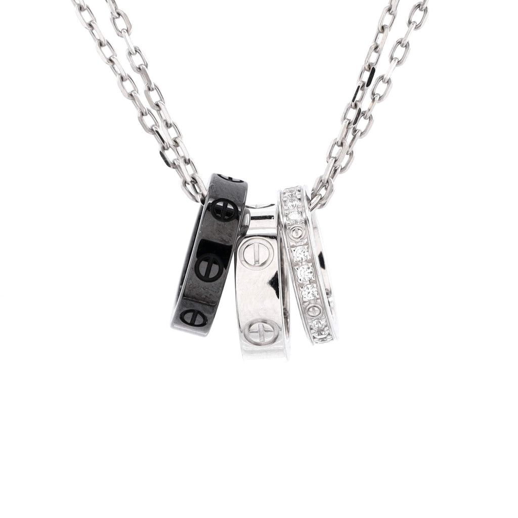 Love 3 Ring Pendant Necklace 18K White Gold and Ceramic with Diamonds