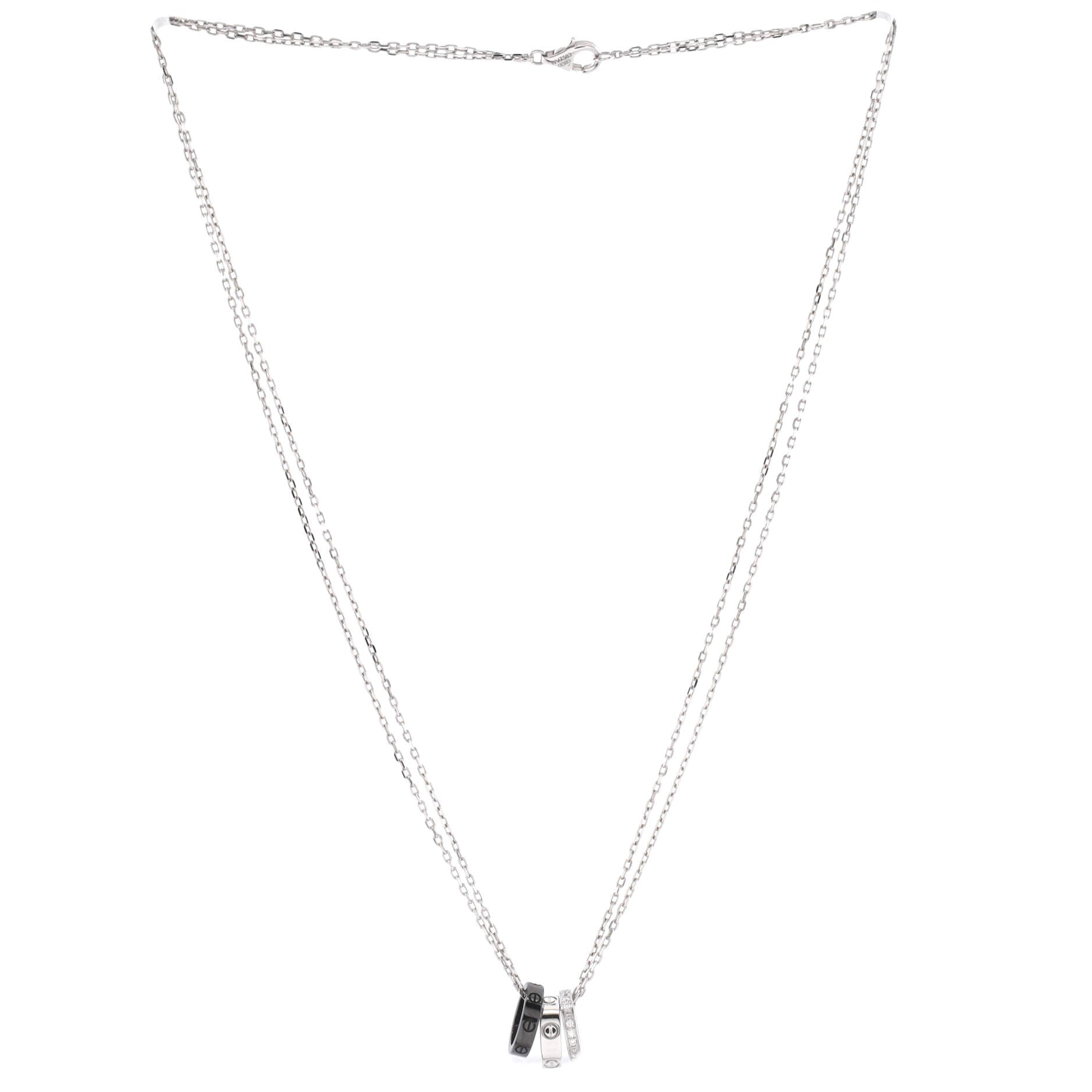Love 3 Ring Pendant Necklace 18K White Gold and Ceramic with Diamonds