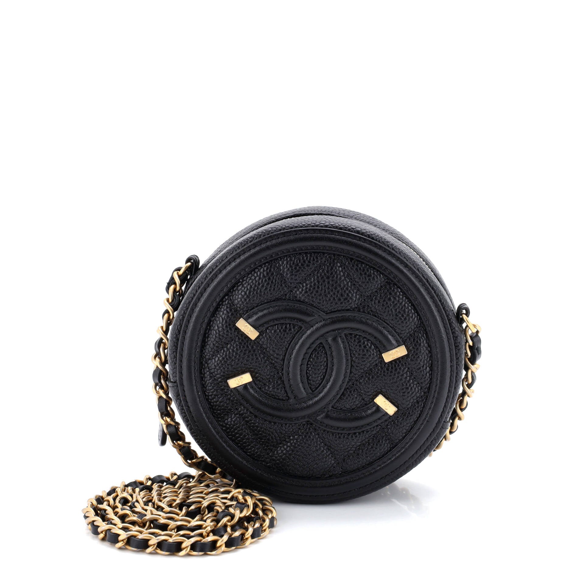 Filigree Round Clutch with Chain Quilted Caviar Mini