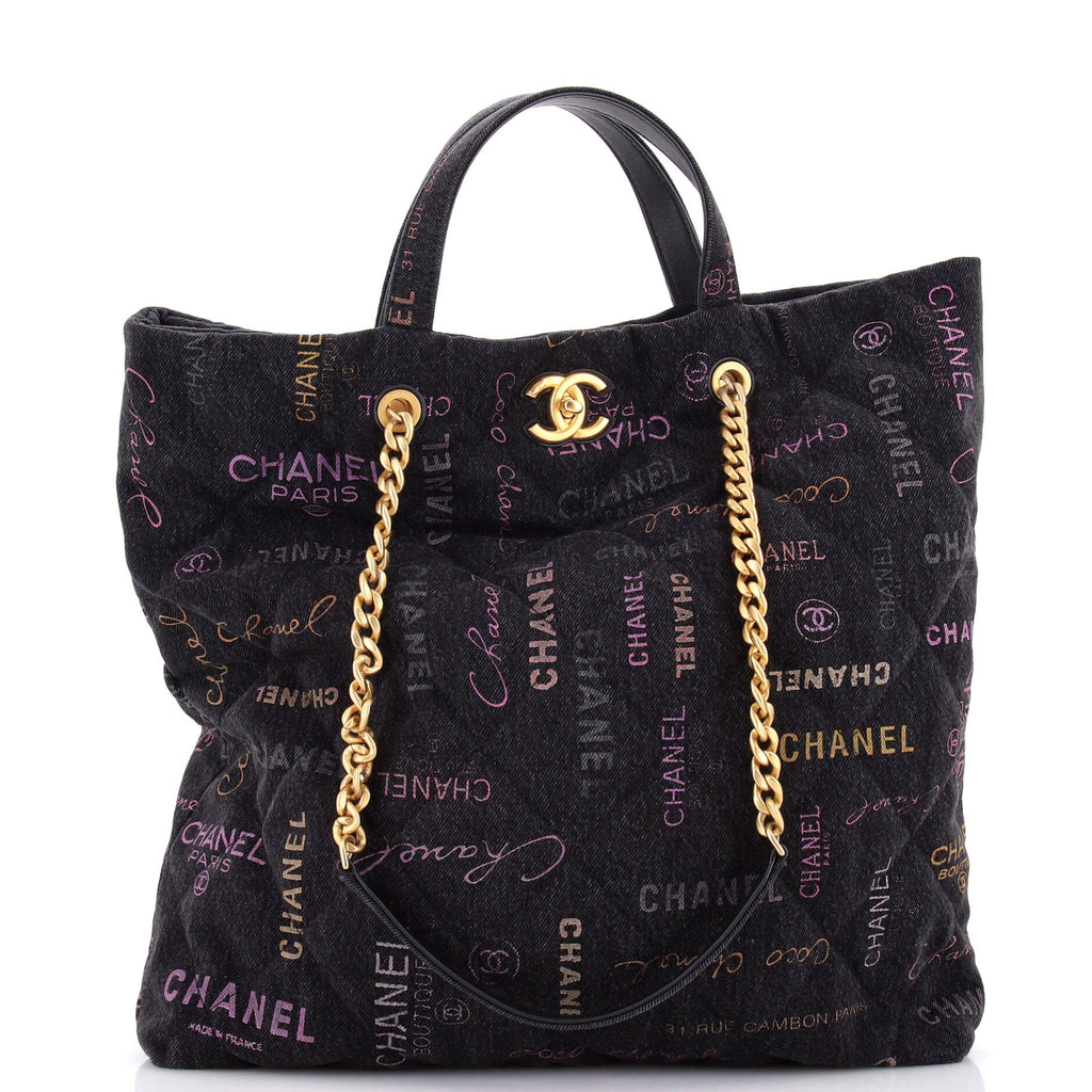 Denim Mood Shopping Tote Logo Printed Quilted Denim Maxi