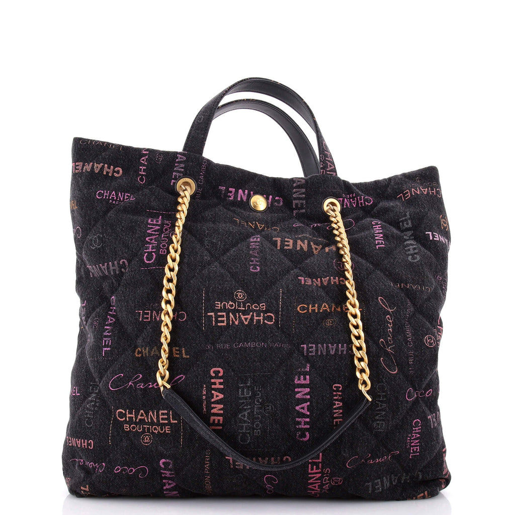 Denim Mood Shopping Tote Logo Printed Quilted Denim Maxi