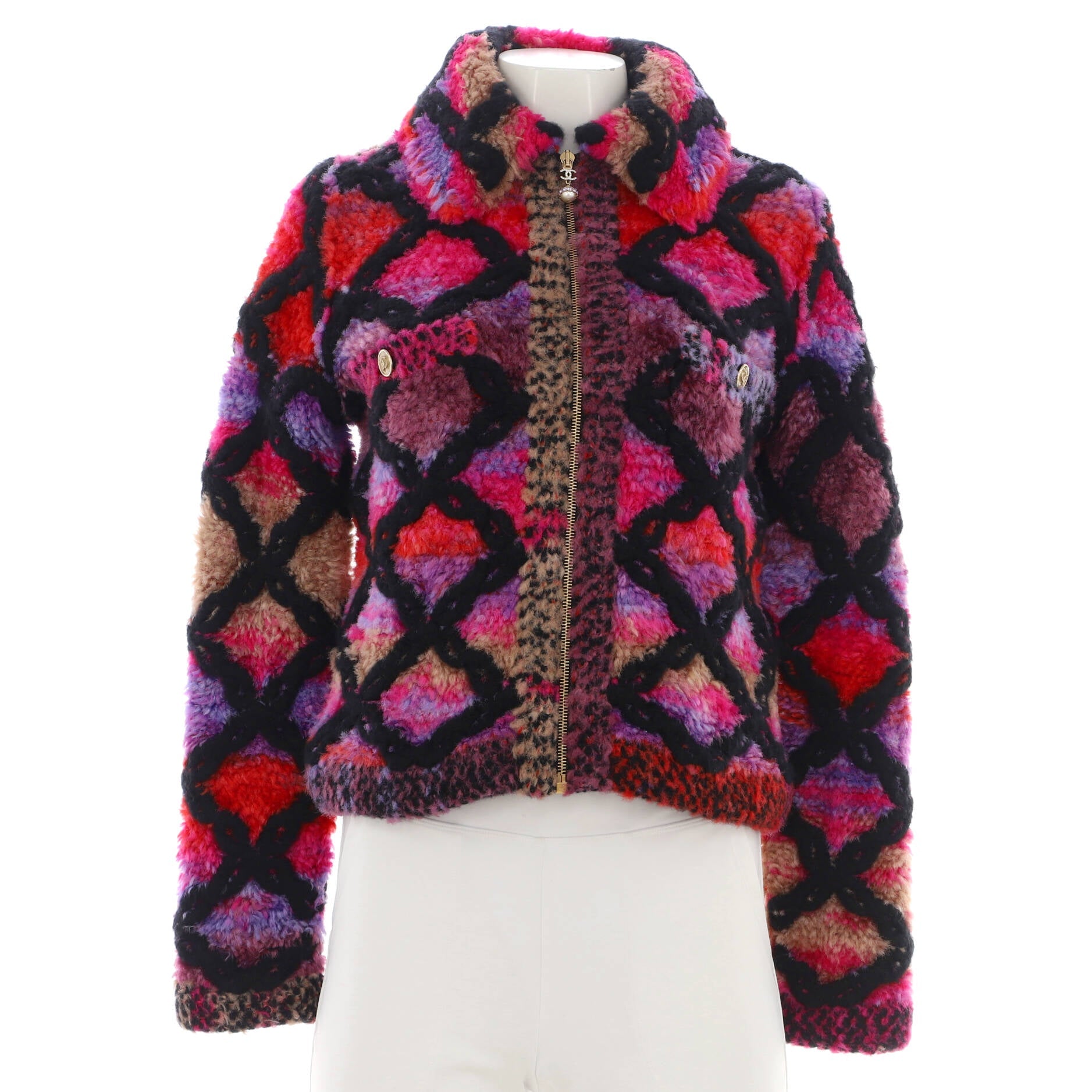 Women's Faux Fur Zip Jacket Embroidered Printed Viscose Blend