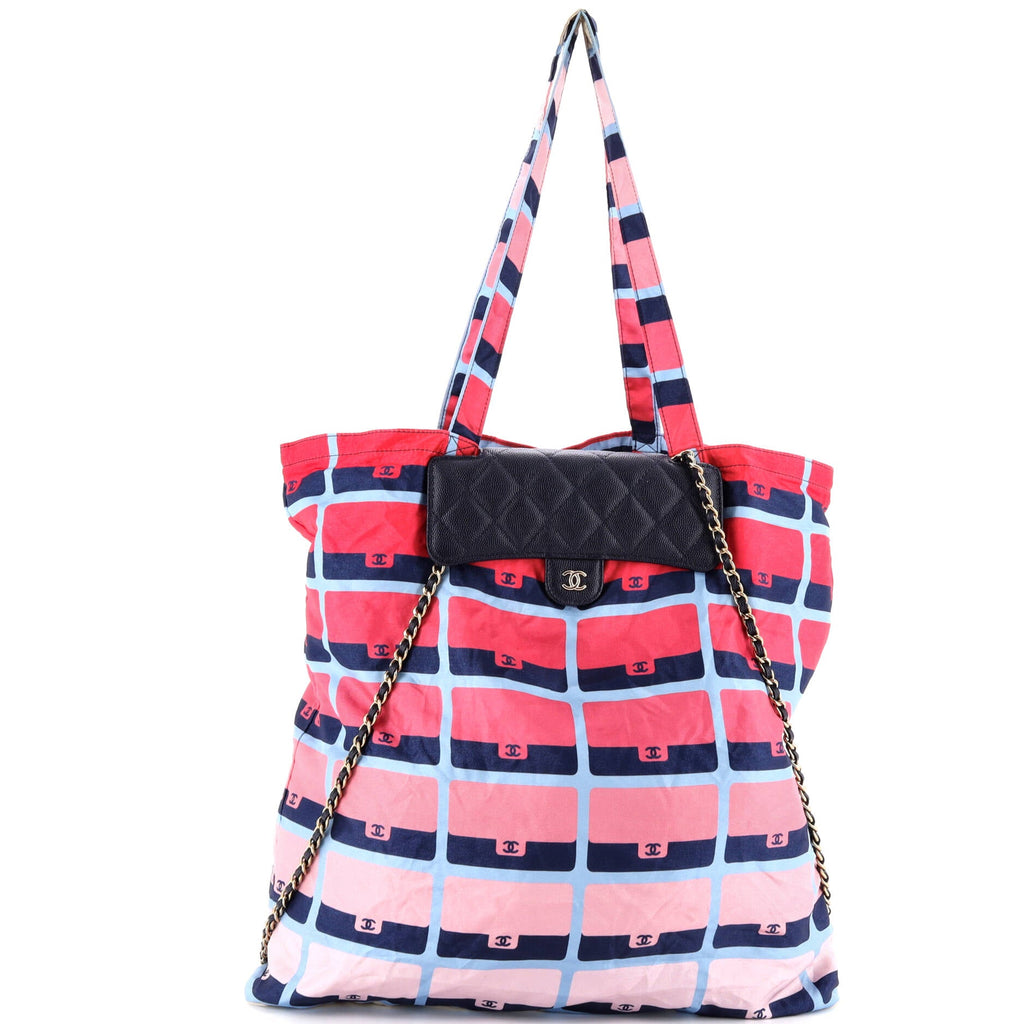 Foldable Tote Bag with Chain Quilted Caviar with Printed Nylon