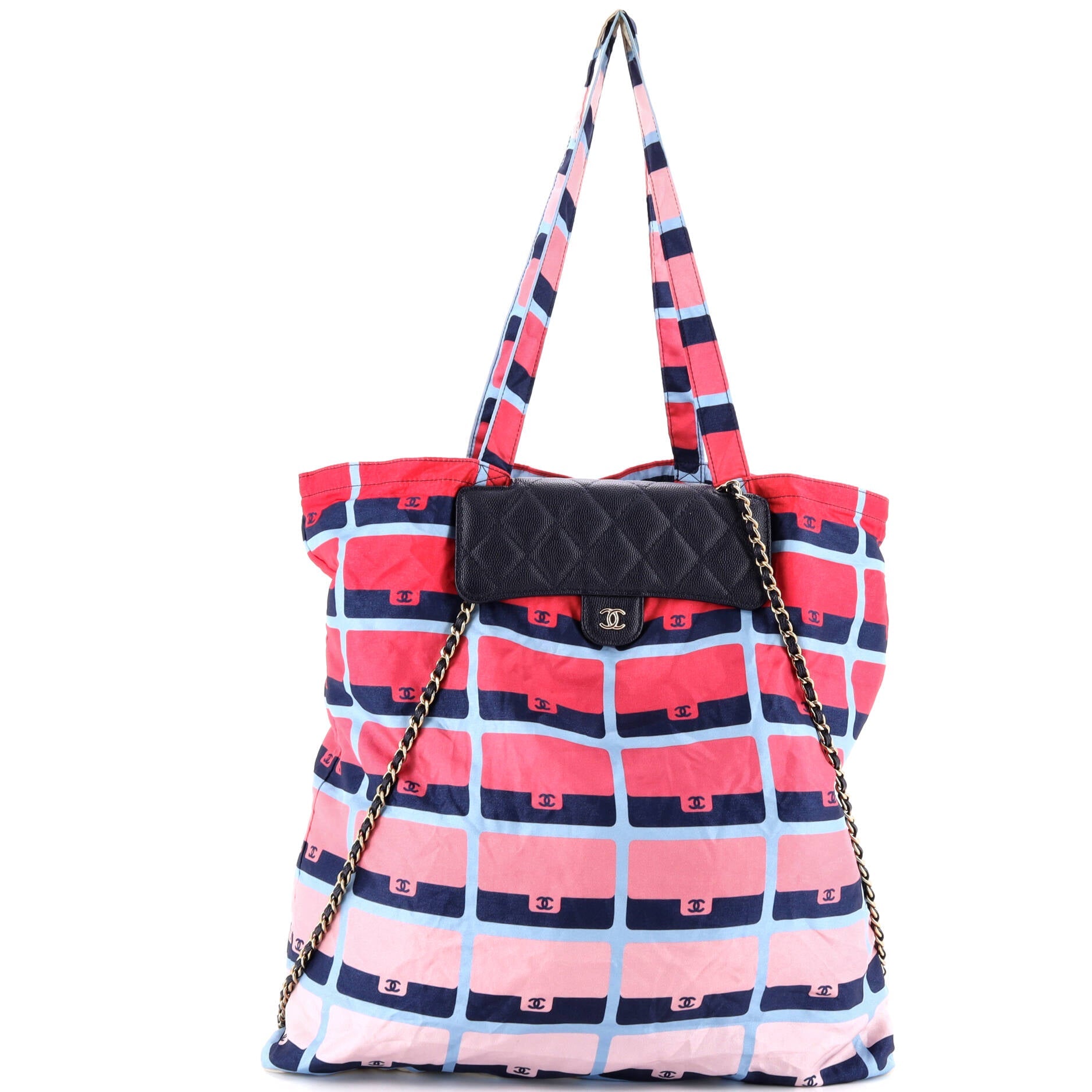 Foldable Tote Bag with Chain Quilted Caviar with Printed Nylon