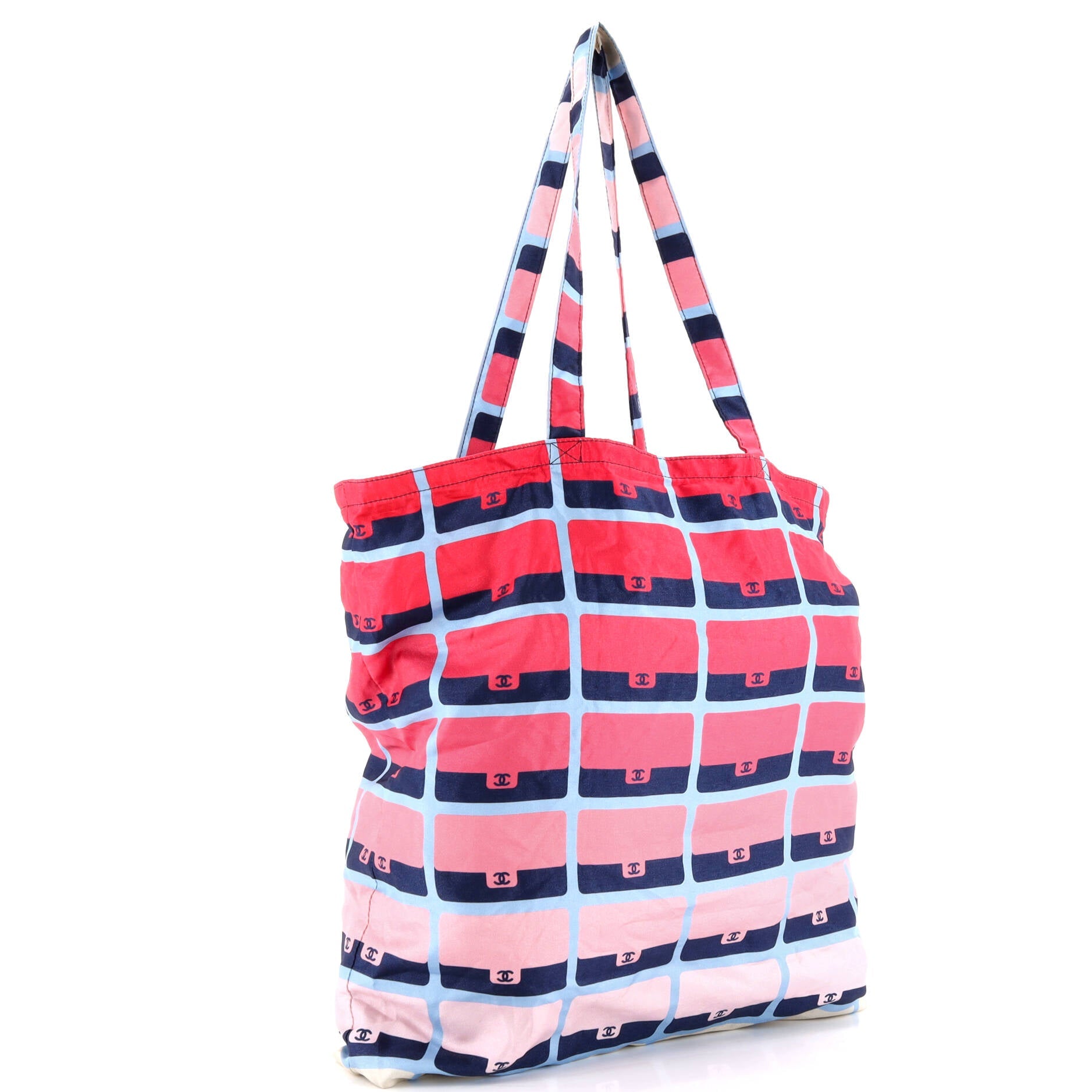 Foldable Tote Bag with Chain Quilted Caviar with Printed Nylon