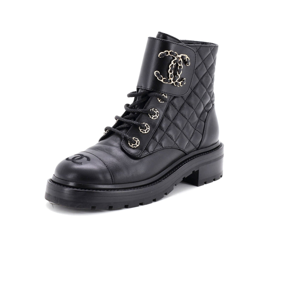 Women's Chain CC Cap Toe Lace Up Combat Boots Quilted Leather