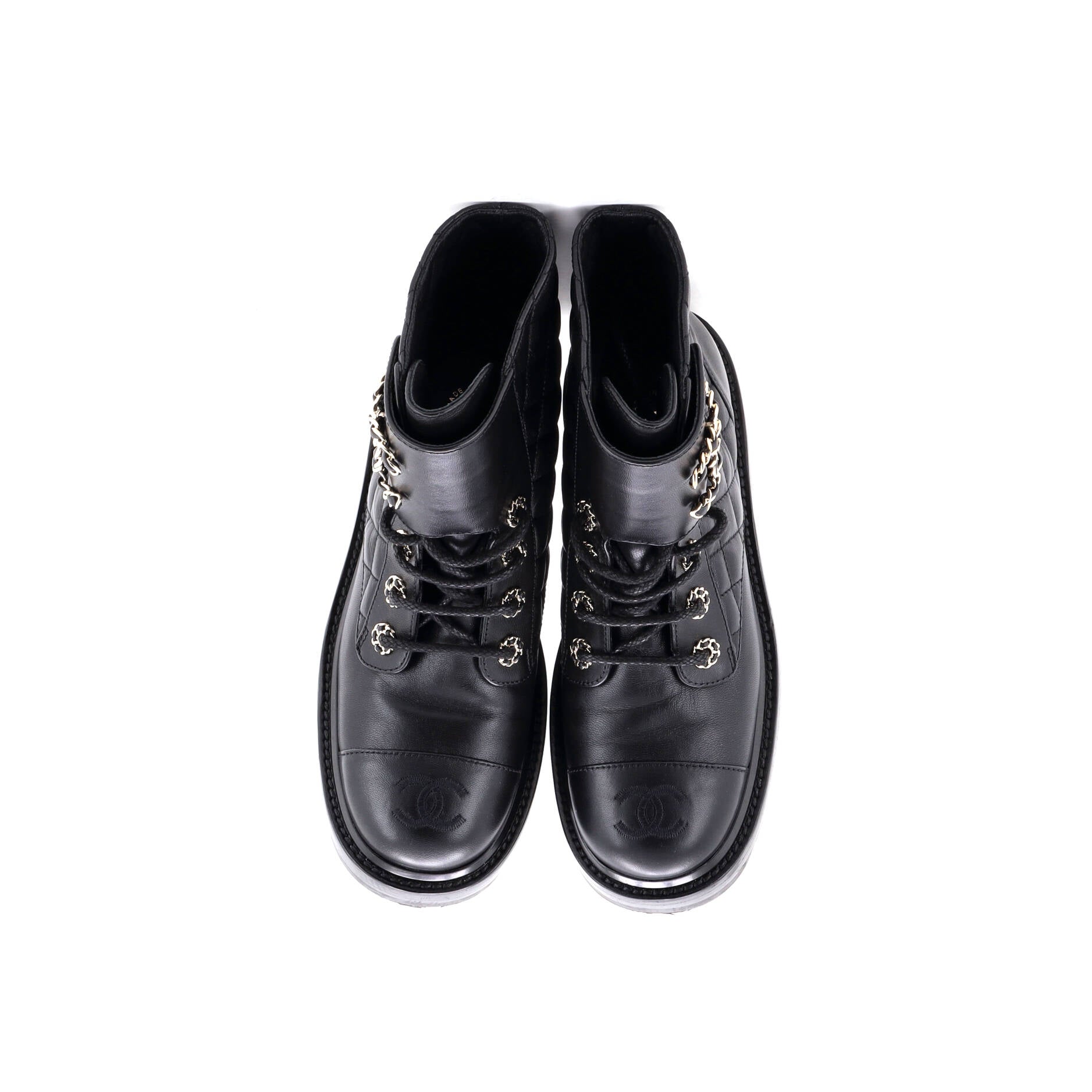 Women's Chain CC Cap Toe Lace Up Combat Boots Quilted Leather