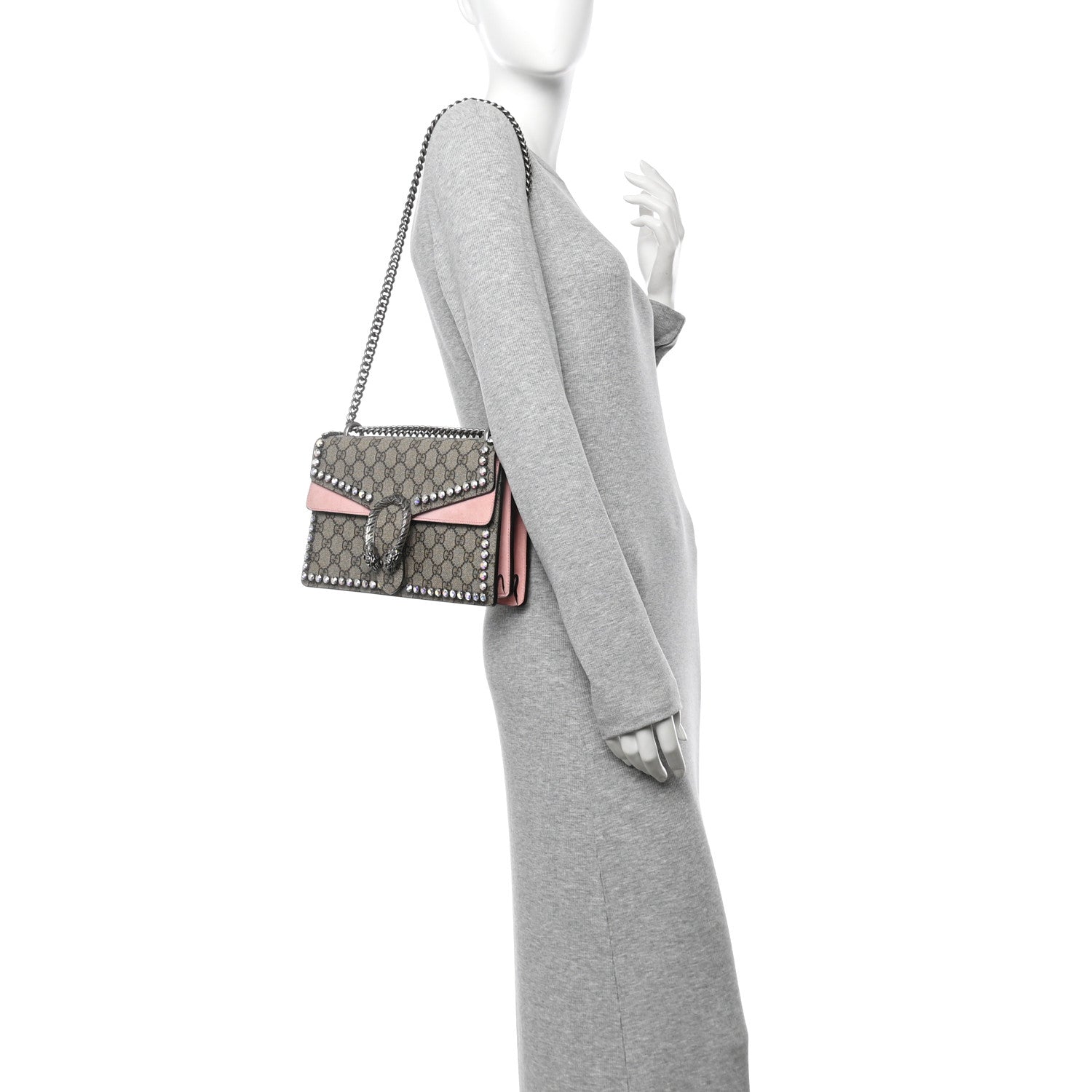 GG Supreme Monogram Suede Crystal Small Dionysus Shoulder Bag Beige Ebony Light Peonia