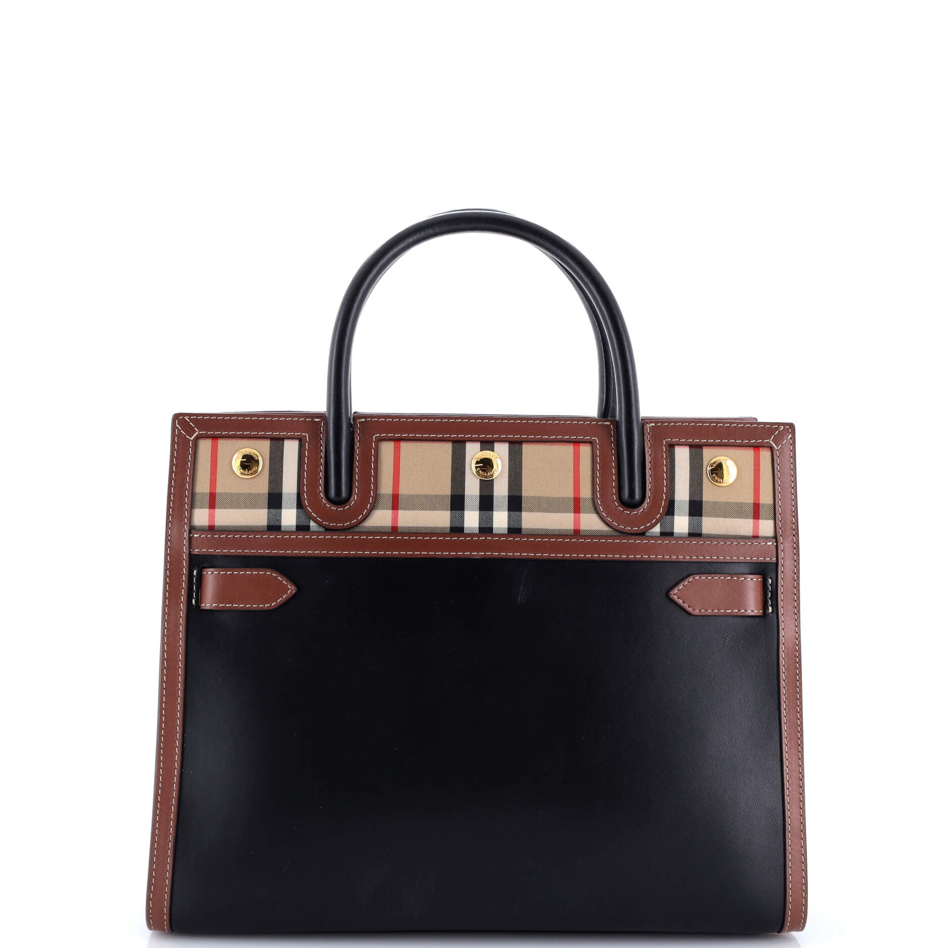Title Two Handle Tote Leather with Vintage Check Canvas Small