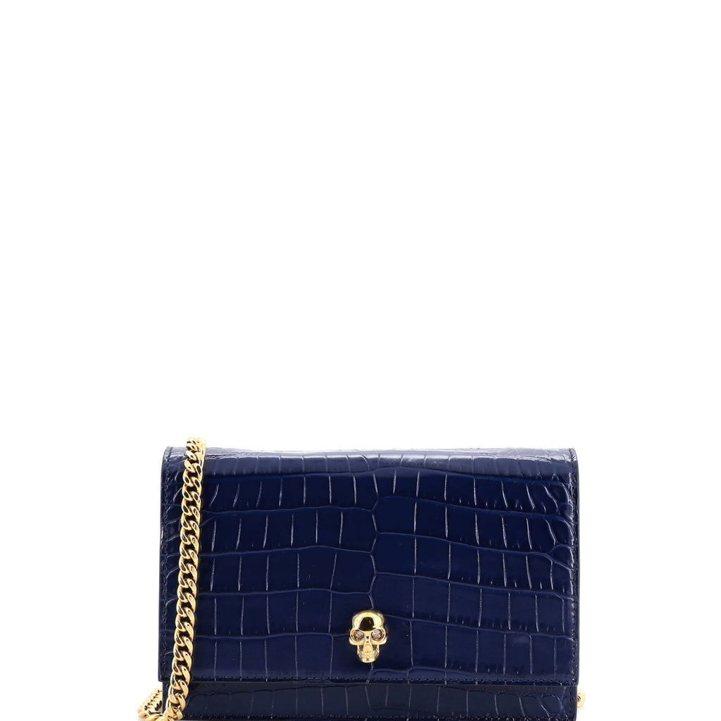 Skull Chain Crossbody Bag Crocodile Embossed Leather Mini