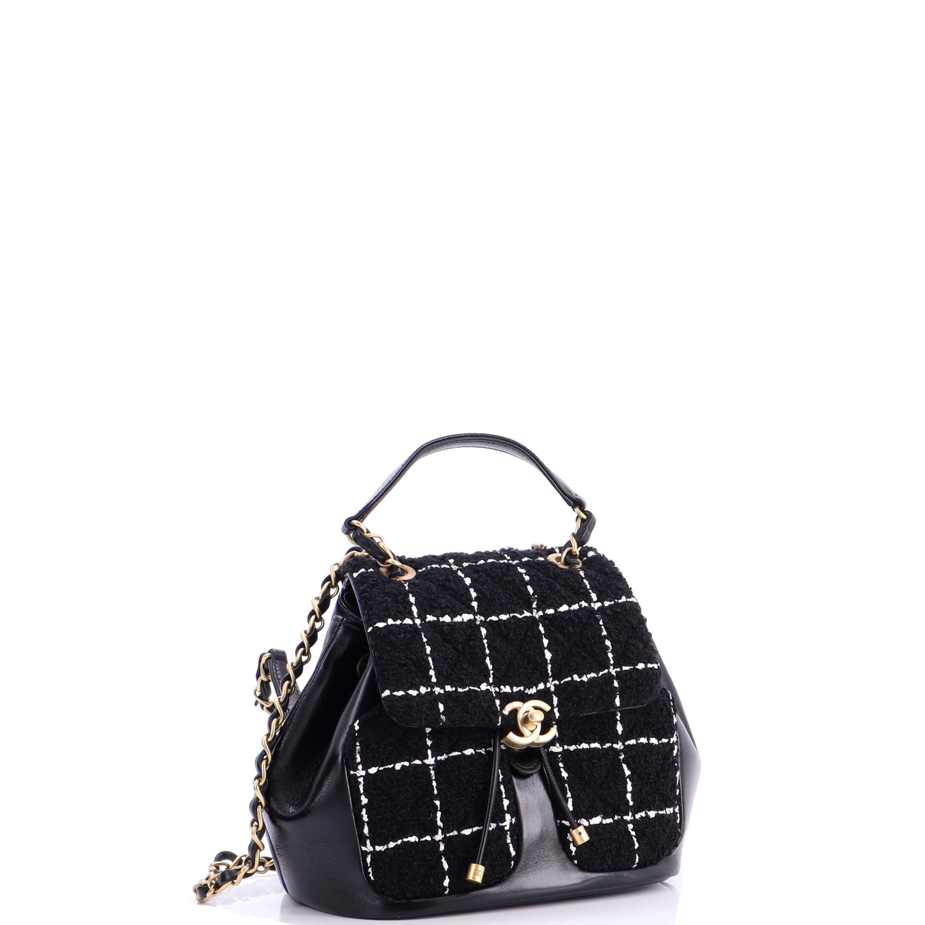 CC Drawstring Flap Backpack Tweed and Leather Mini