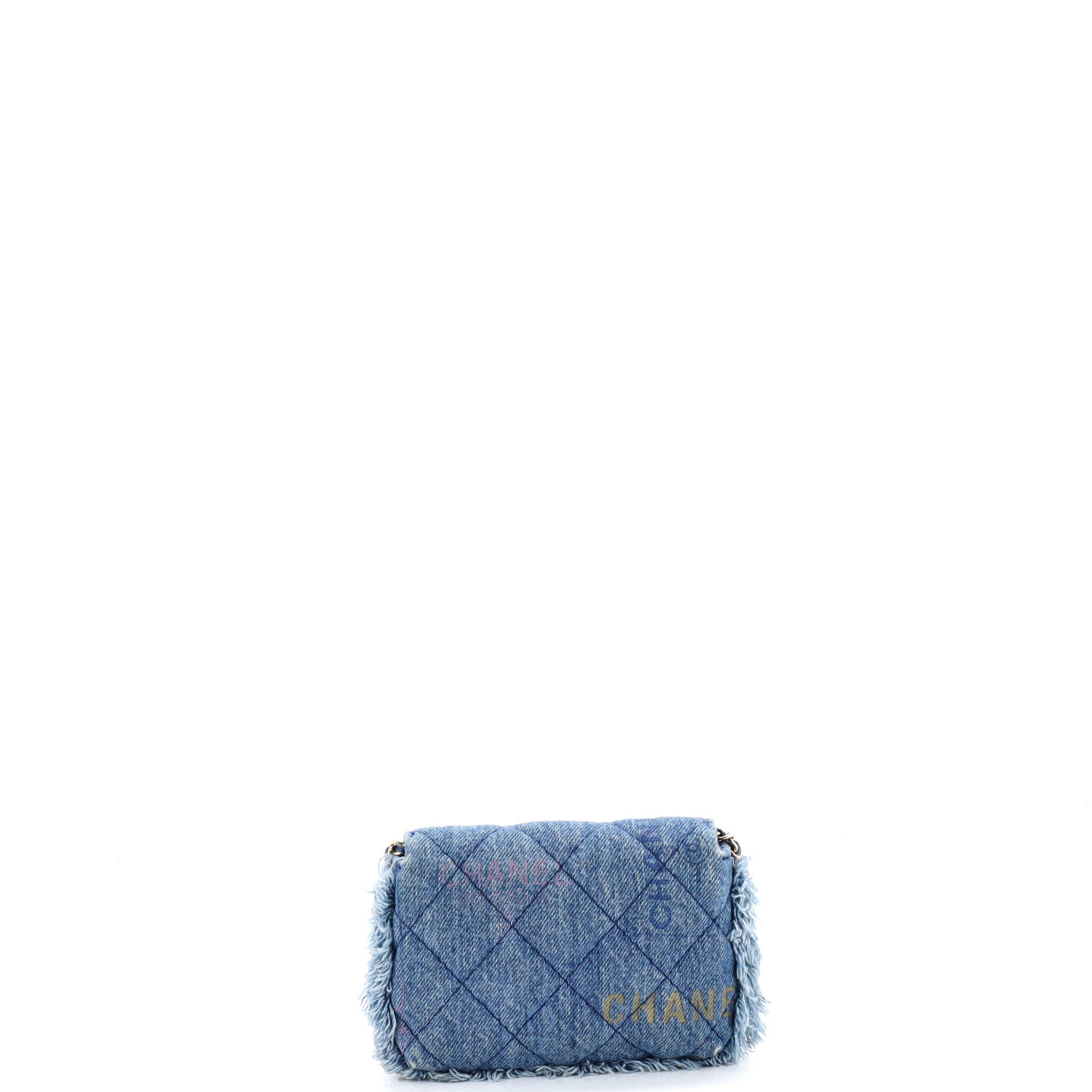 Denim Mood Flap Clutch with Chain Logo Printed Quilted Fringe Denim