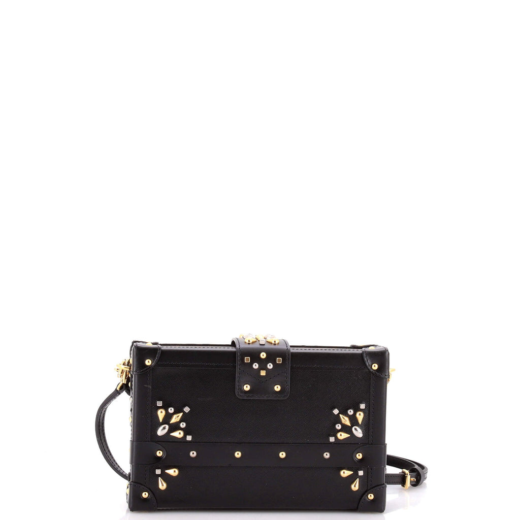 Petite Malle Handbag Studded Taiga Leather and Monogram Canvas