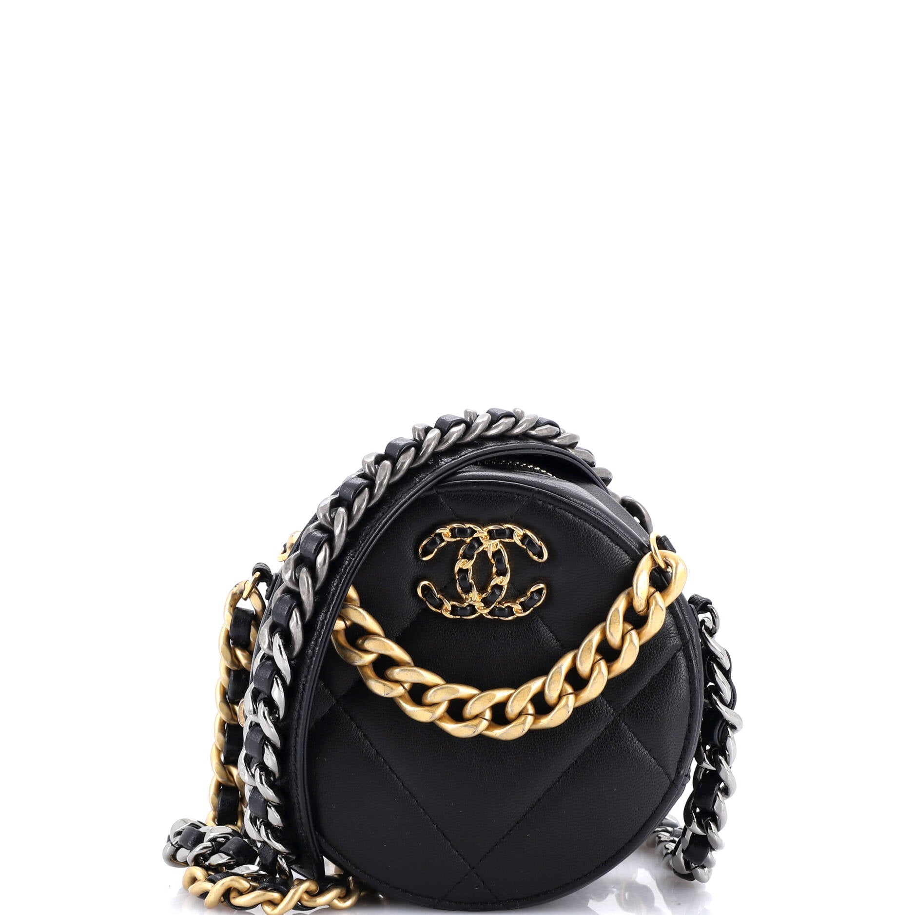 19 Round Clutch with Chain Quilted Leather