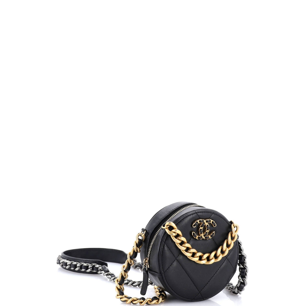 19 Round Clutch with Chain Quilted Leather