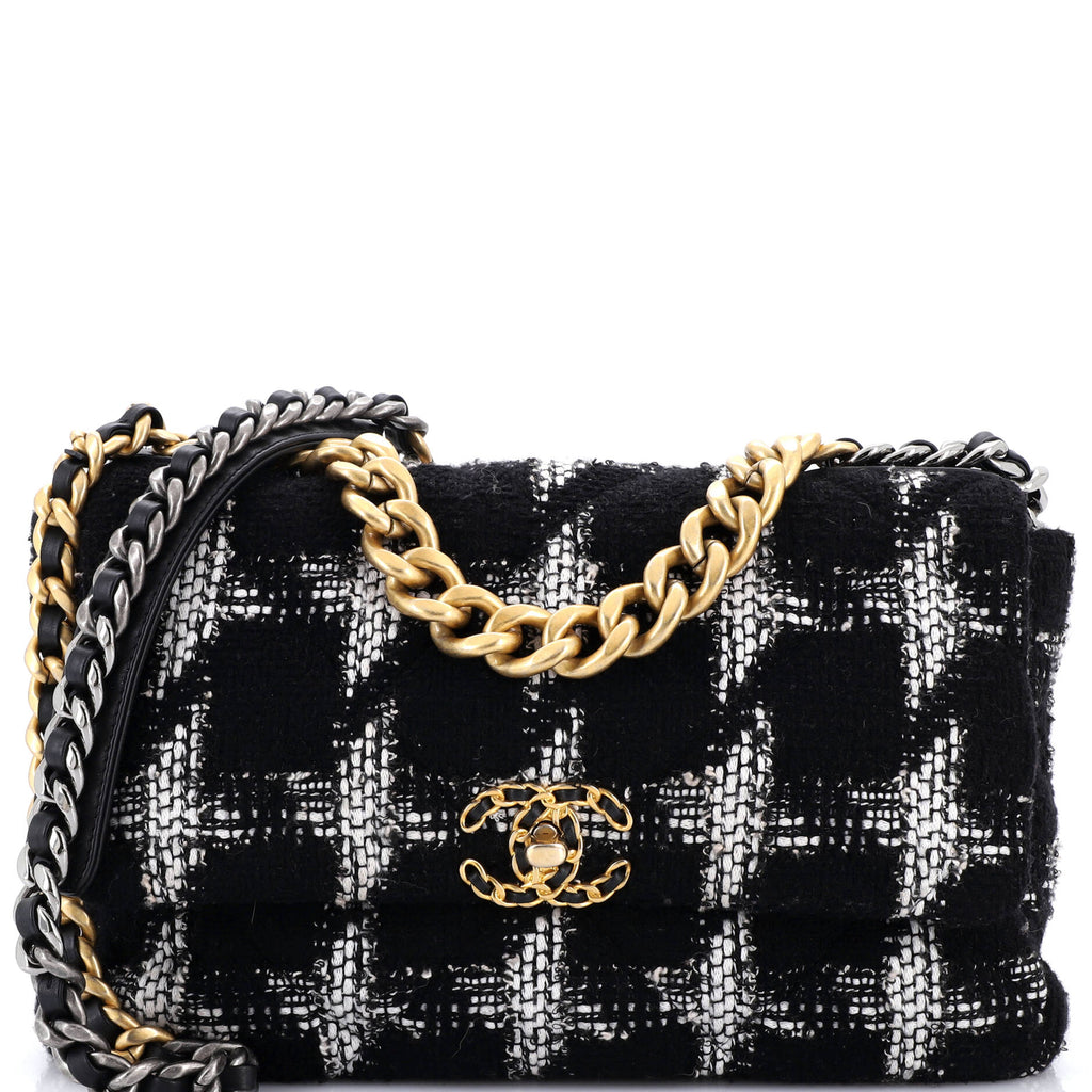 19 Flap Bag Quilted Houndstooth Tweed and Ribbon Large