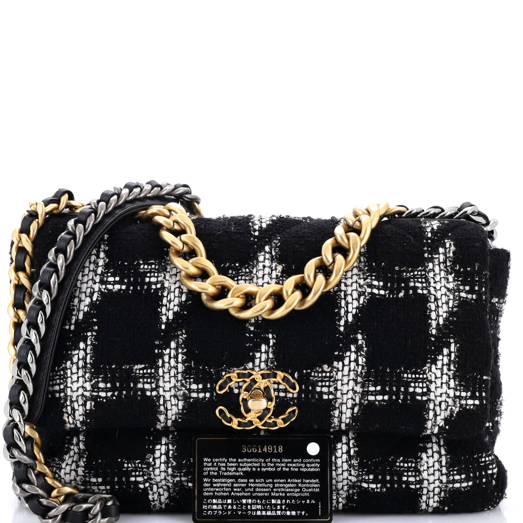 19 Flap Bag Quilted Houndstooth Tweed and Ribbon Large
