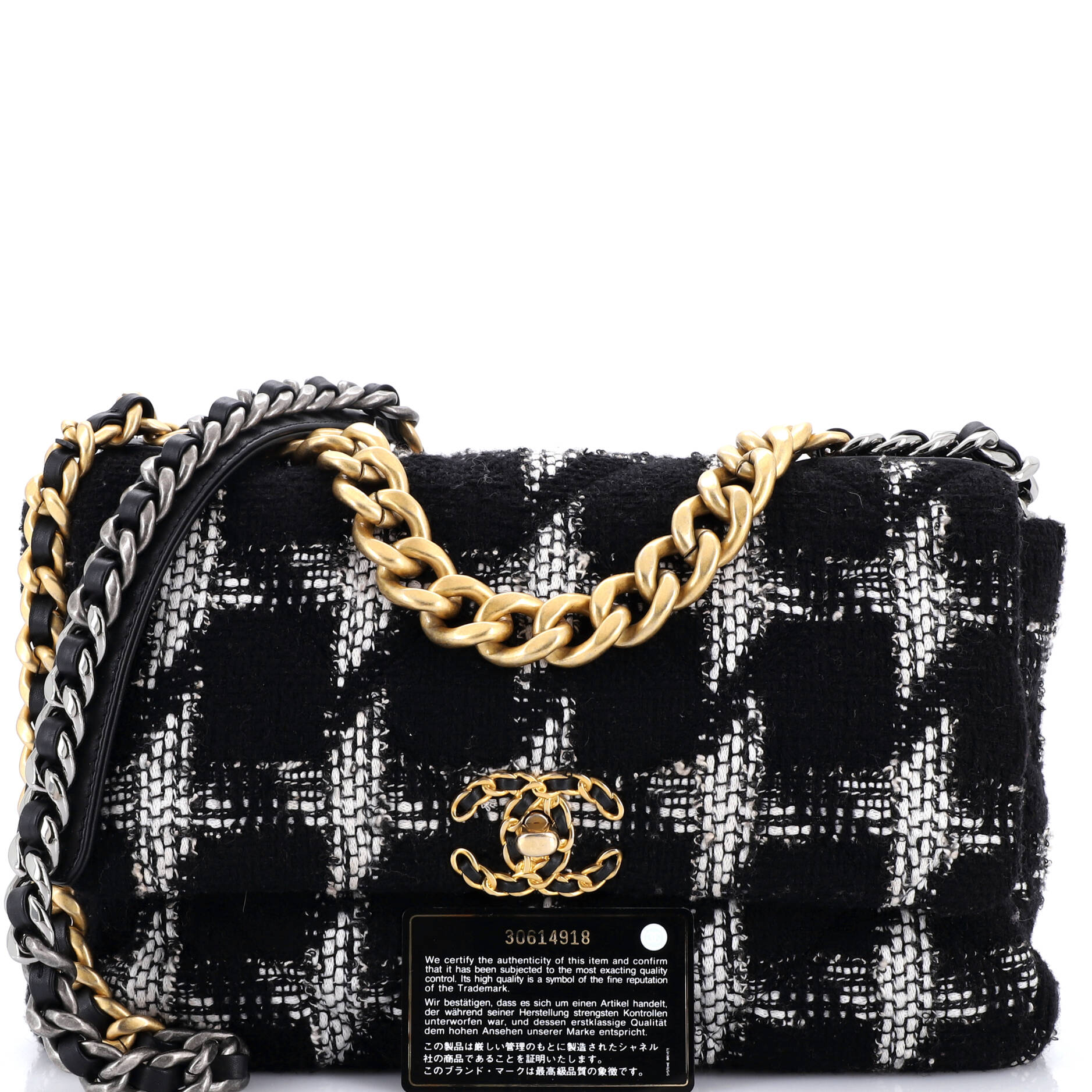 19 Flap Bag Quilted Houndstooth Tweed and Ribbon Large