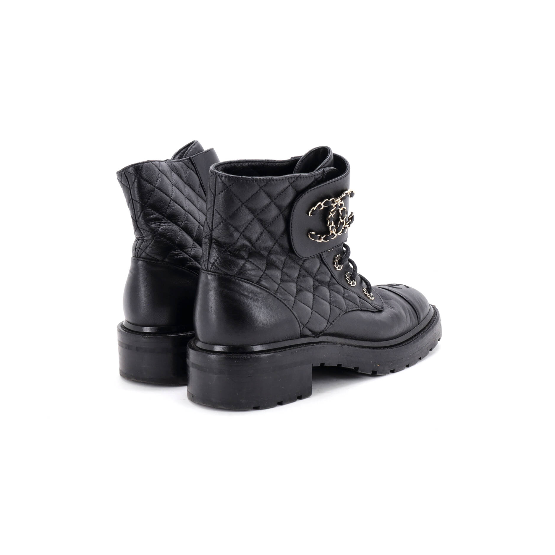 Women's Chain CC Cap Toe Lace Up Combat Boots Quilted Leather