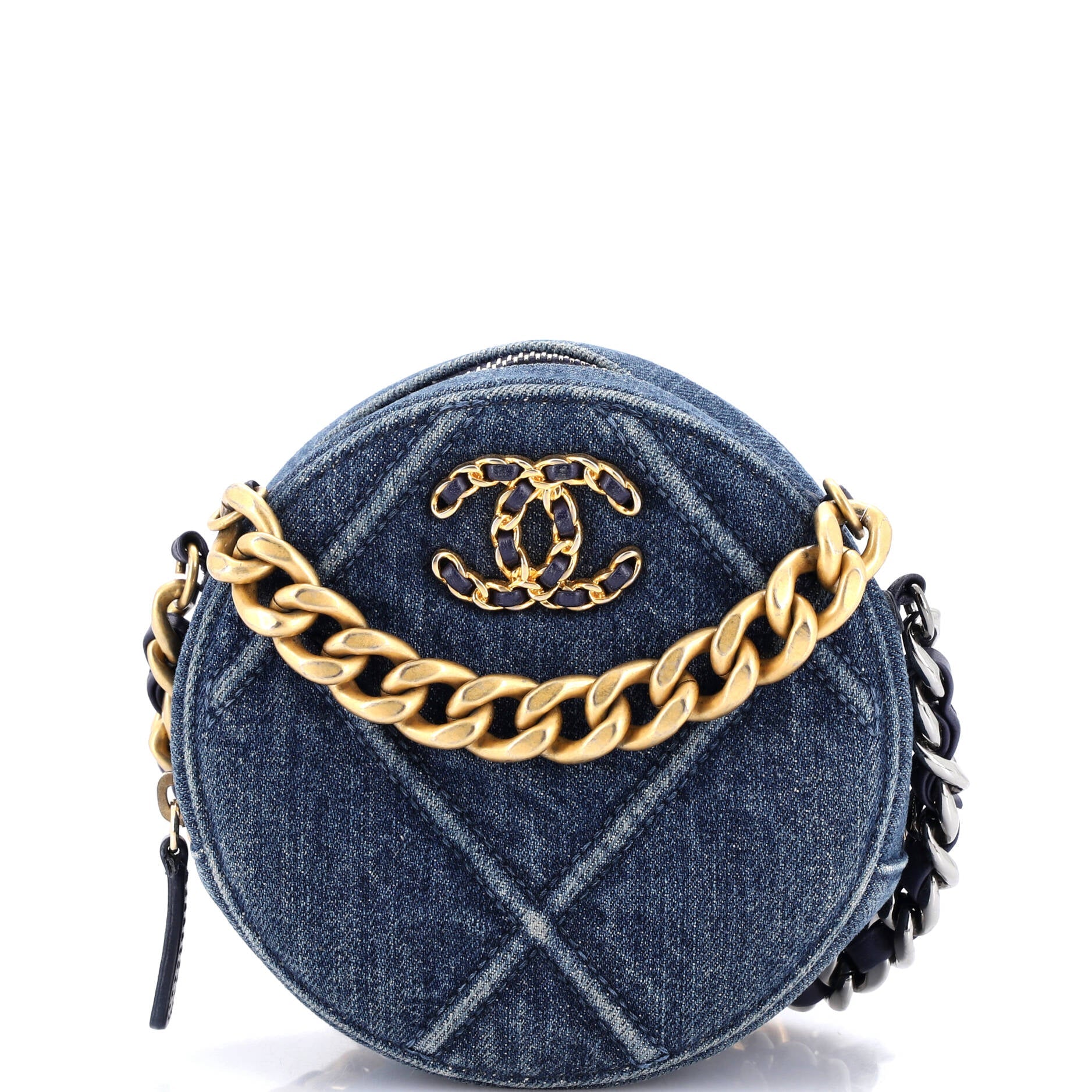 19 Round Clutch with Chain Quilted Denim