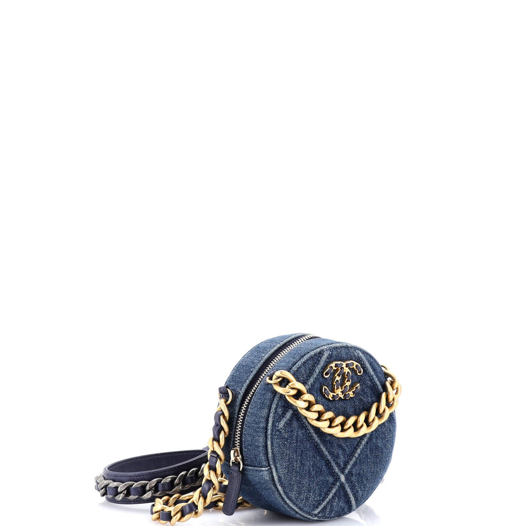 19 Round Clutch with Chain Quilted Denim