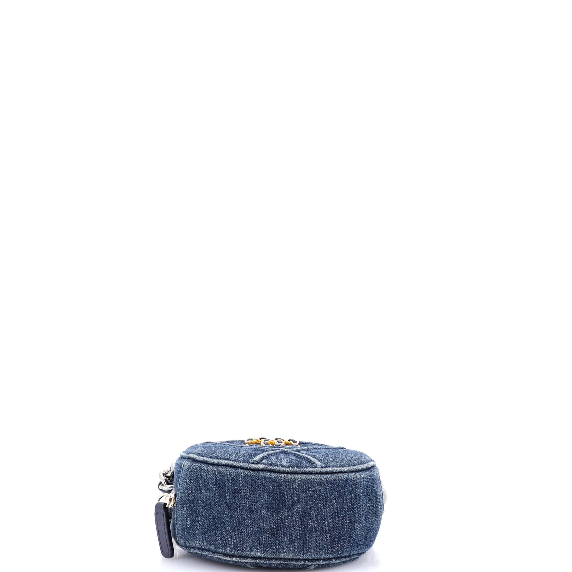 19 Round Clutch with Chain Quilted Denim