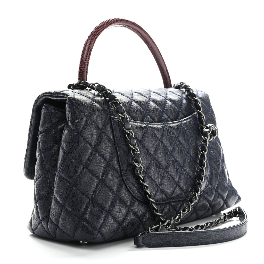 Caviar Lizard Quilted Small Coco Handle Flap Navy Blue