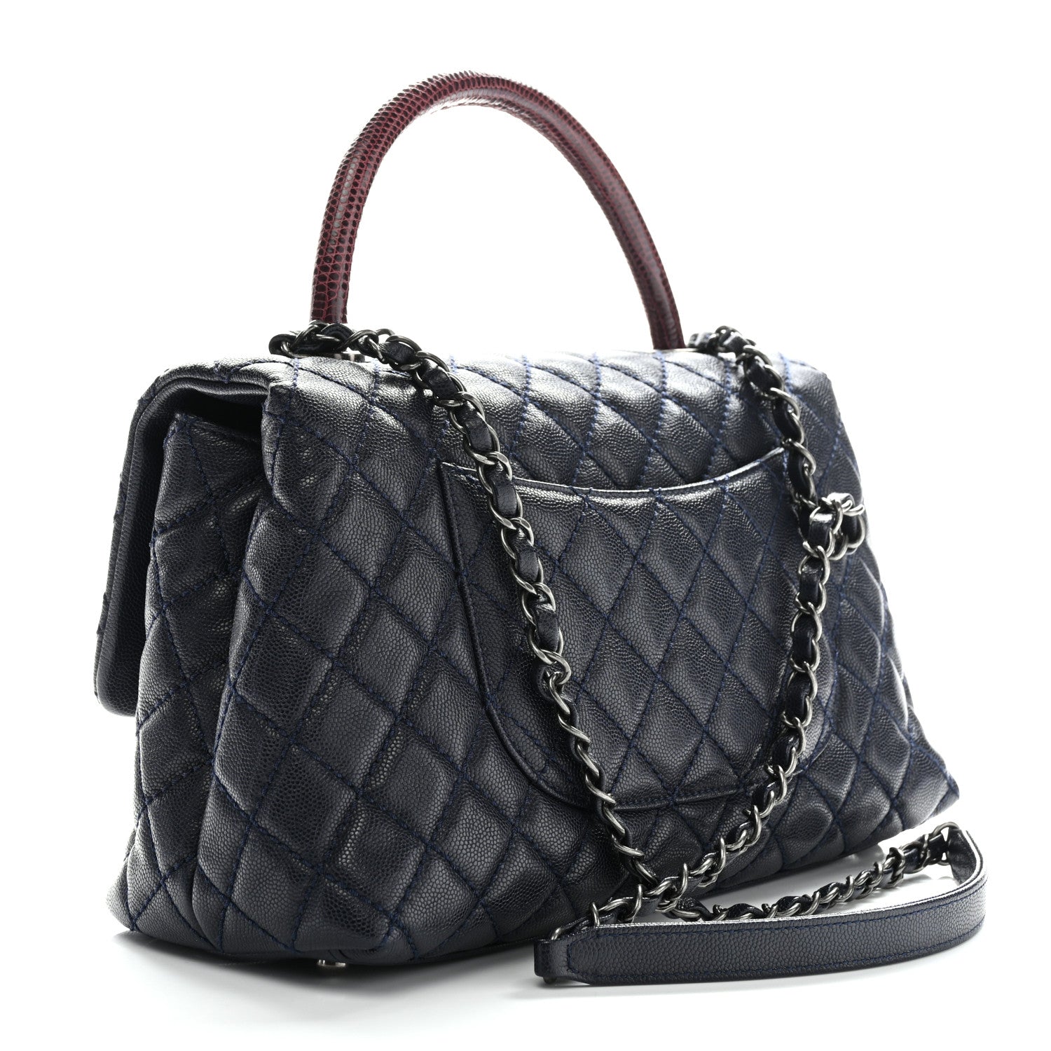 Caviar Lizard Quilted Small Coco Handle Flap Navy Blue