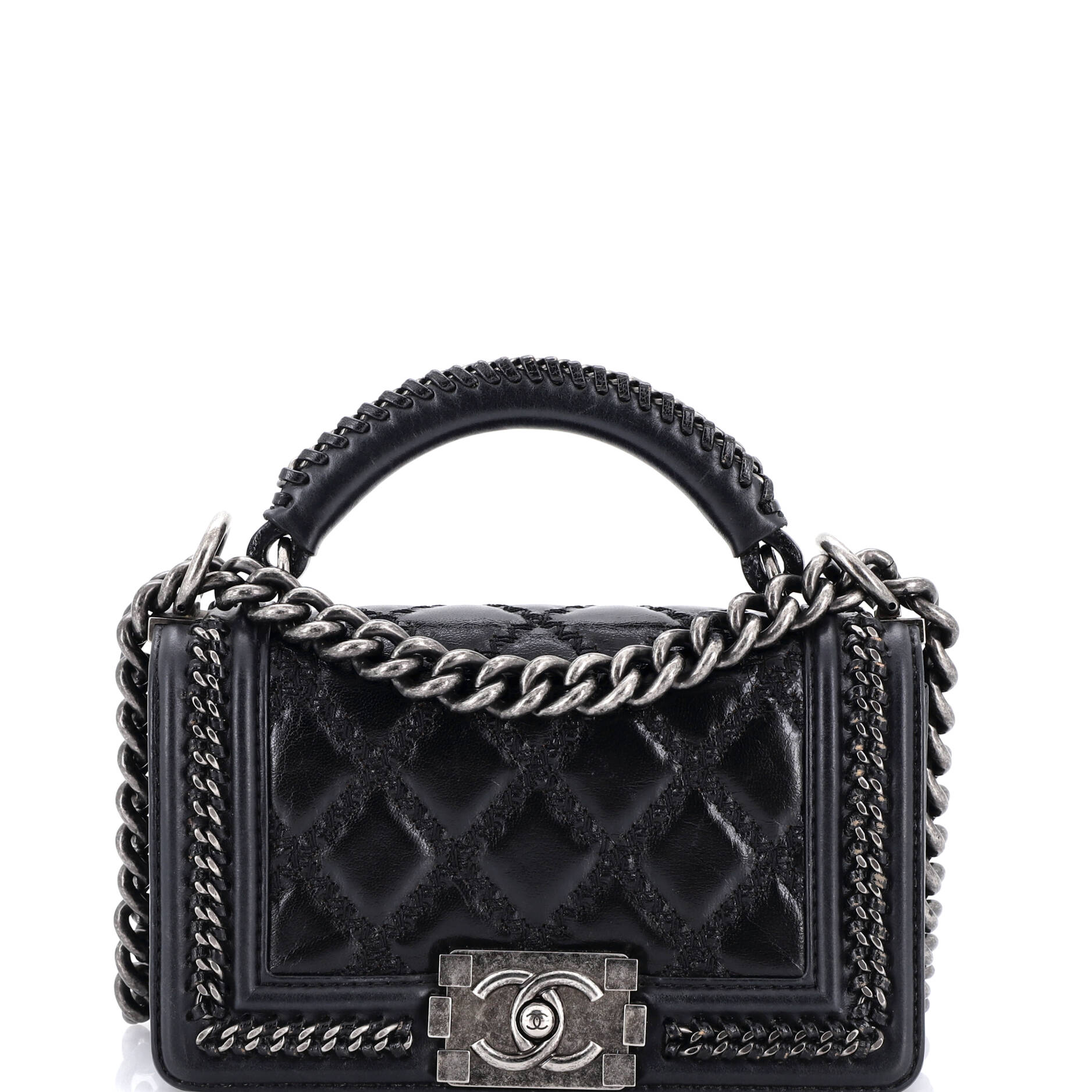 Chain Handle Boy Flap Bag Quilted Glazed Calfskin Small