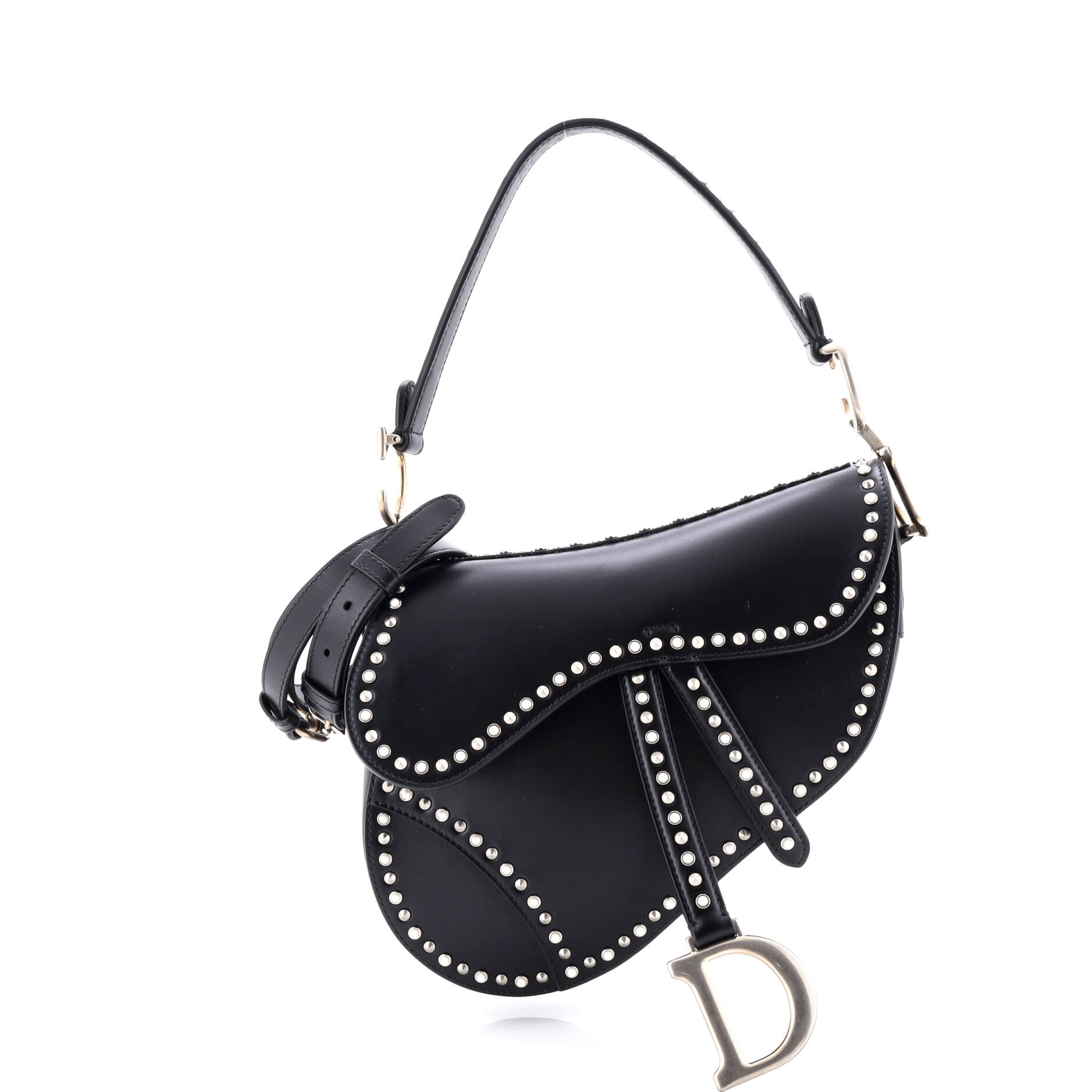 Saddle Handbag with Strap Studded Leather Medium