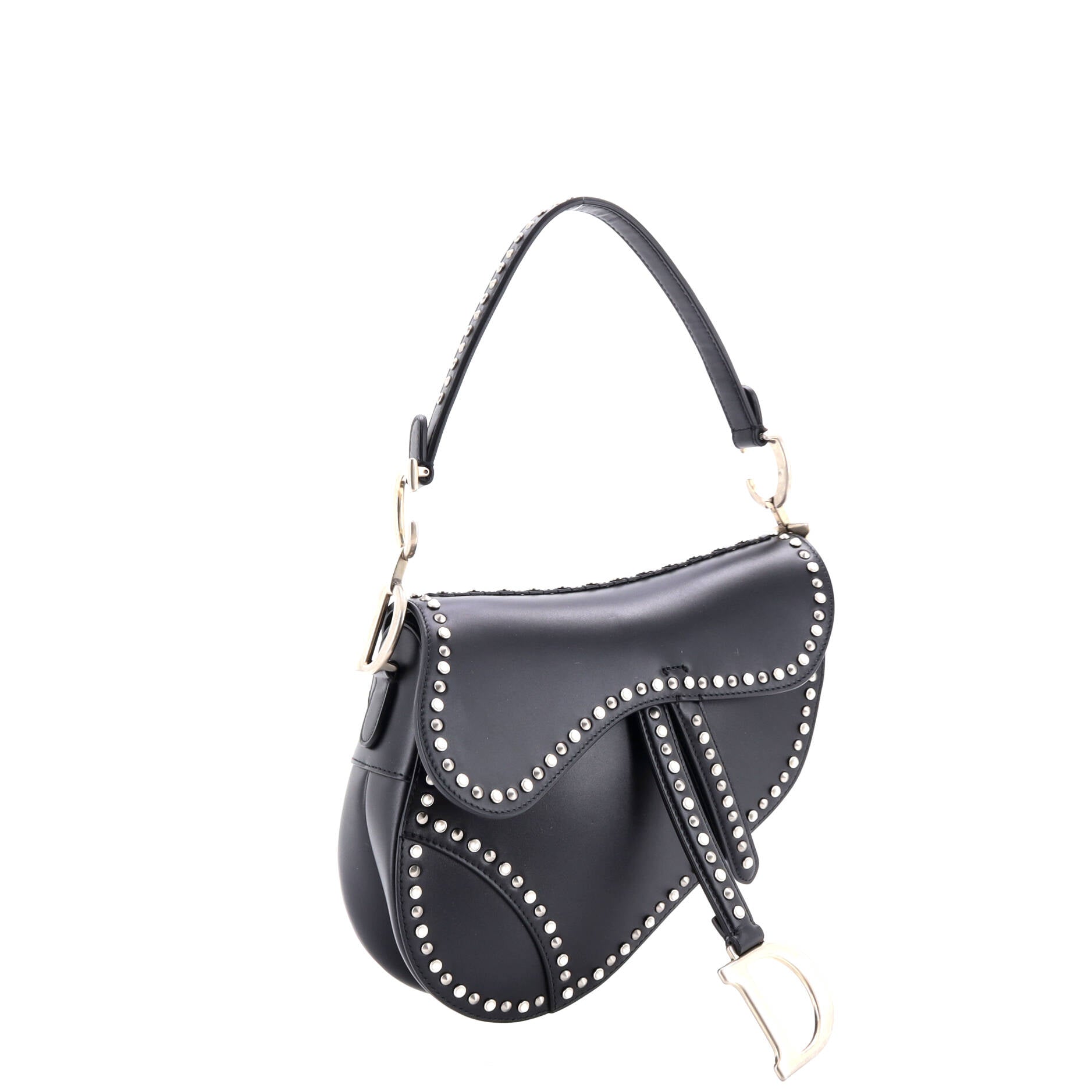 Saddle Handbag with Strap Studded Leather Medium