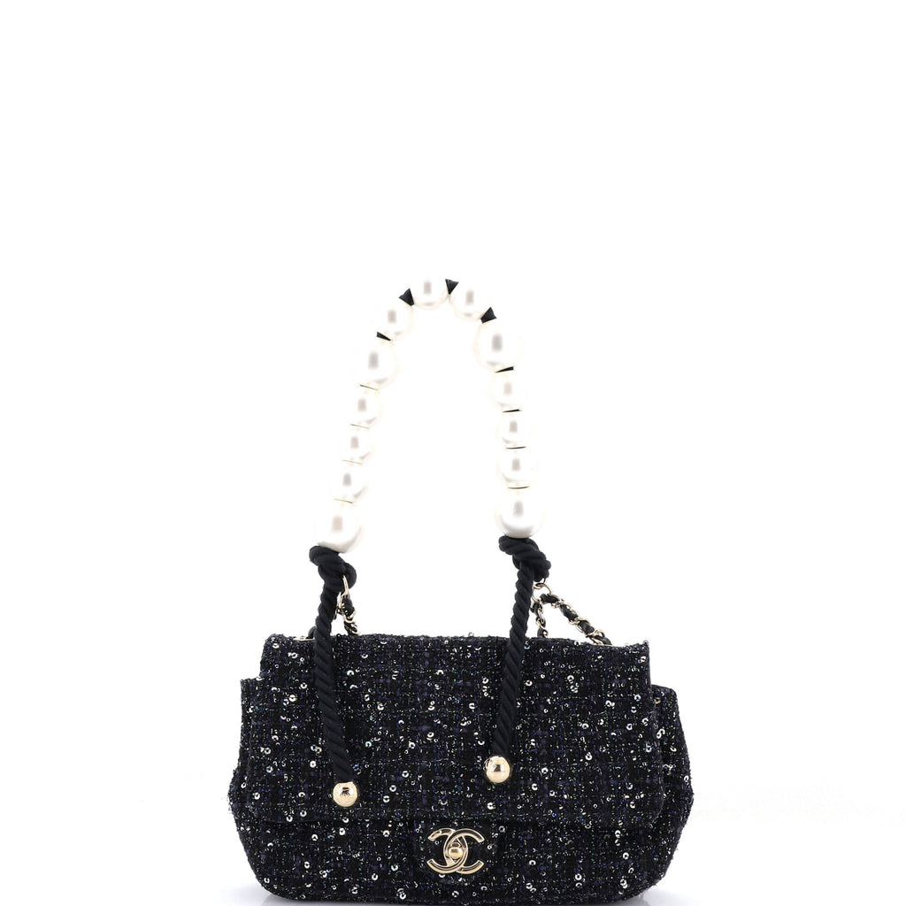 Pearl Handle Flap Bag Quilted Tweed Mini
