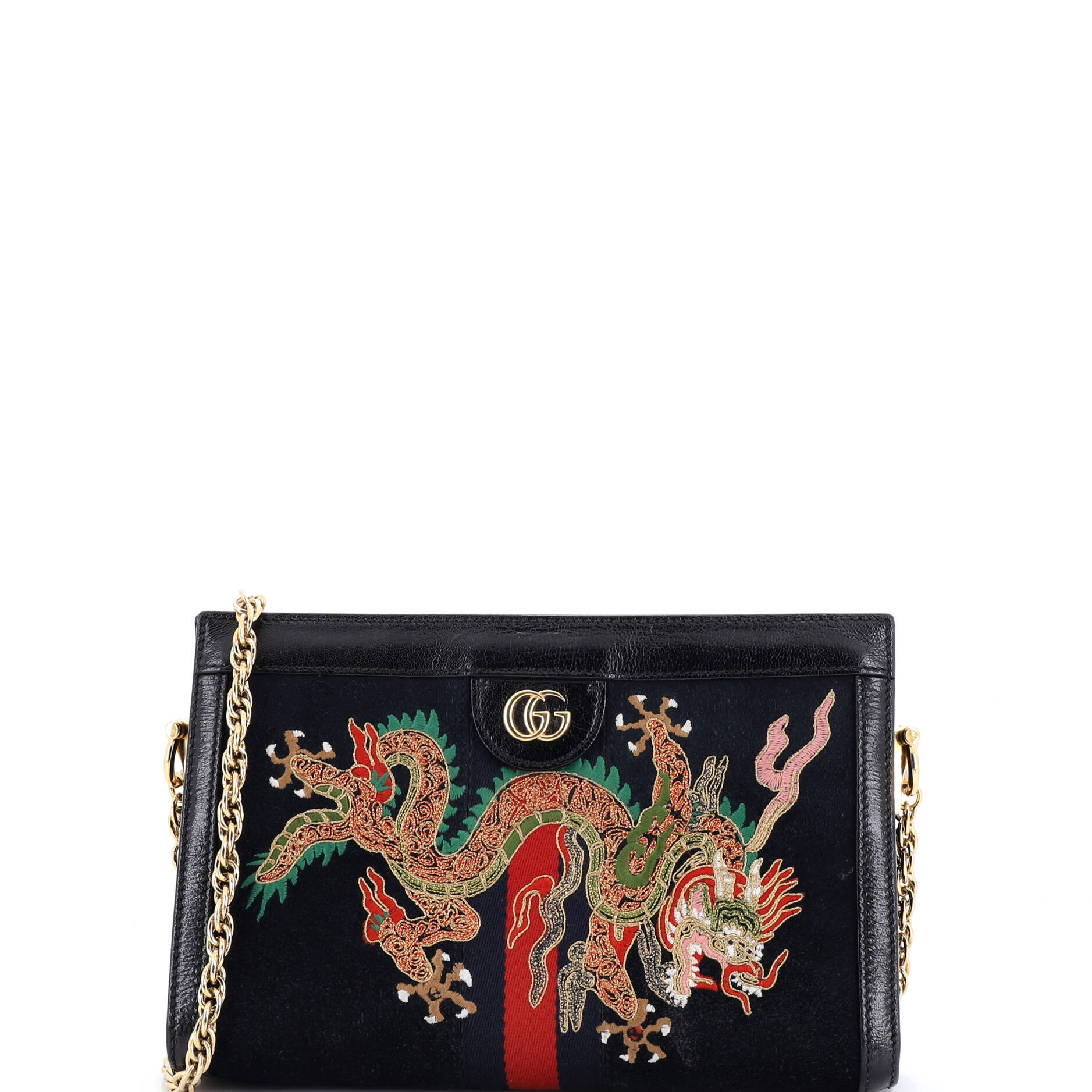 Ophidia Chain Shoulder Bag Embroidered Suede Small