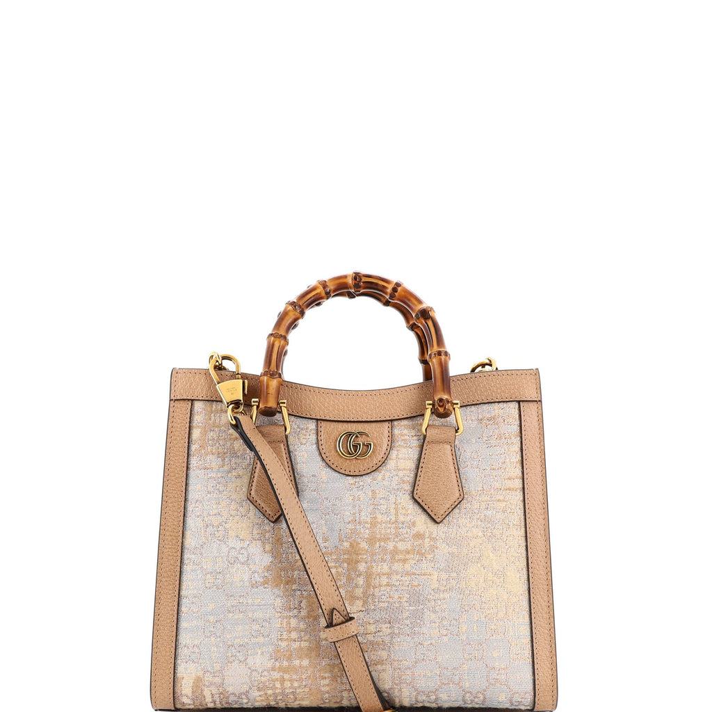 Diana NM Bamboo Handle Tote Nishijin GG Silk Textile and Leather Small